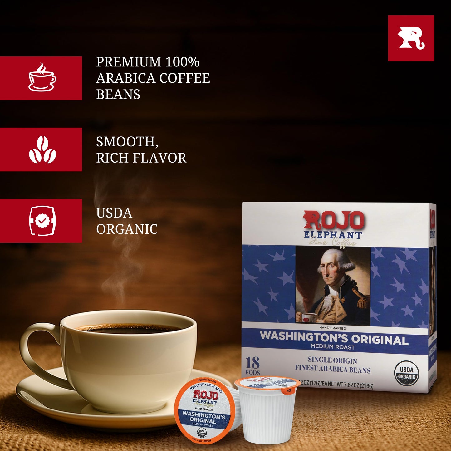 Rojo Elephant Washington’s Original Low-Acid Compatible Replacement for K-Cup Pods, Medium Roast, Premium Coffee, USDA Organic, 12g per Capsule, 18