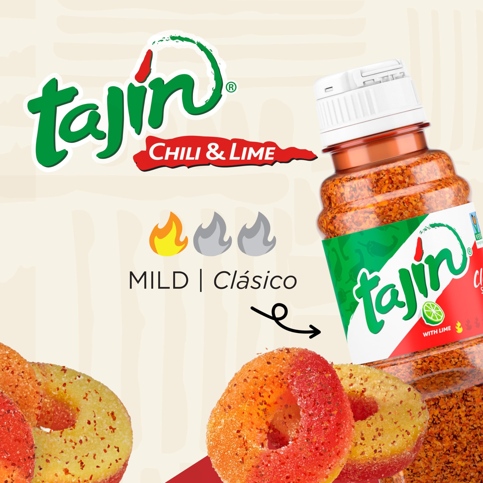 Snak Club Peach Rings, Tajin Chili & Lime Seasoned, Sweet and Spicy Gummy Candy, Mild in Heat Bold in Flavor, Low-Fat, Vegan, Gluten-Free Snack