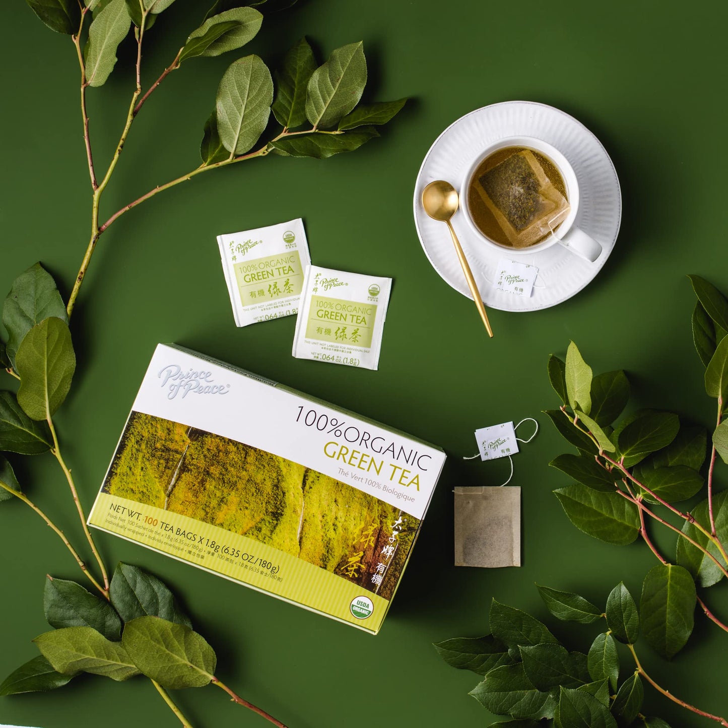 Prince of Peace Organic Green Tea, 100 Tea Bags - 100% Organic Green Tea - Unsweetened Green Tea - Lower Caffeine Alternative to Coffee - Herbal