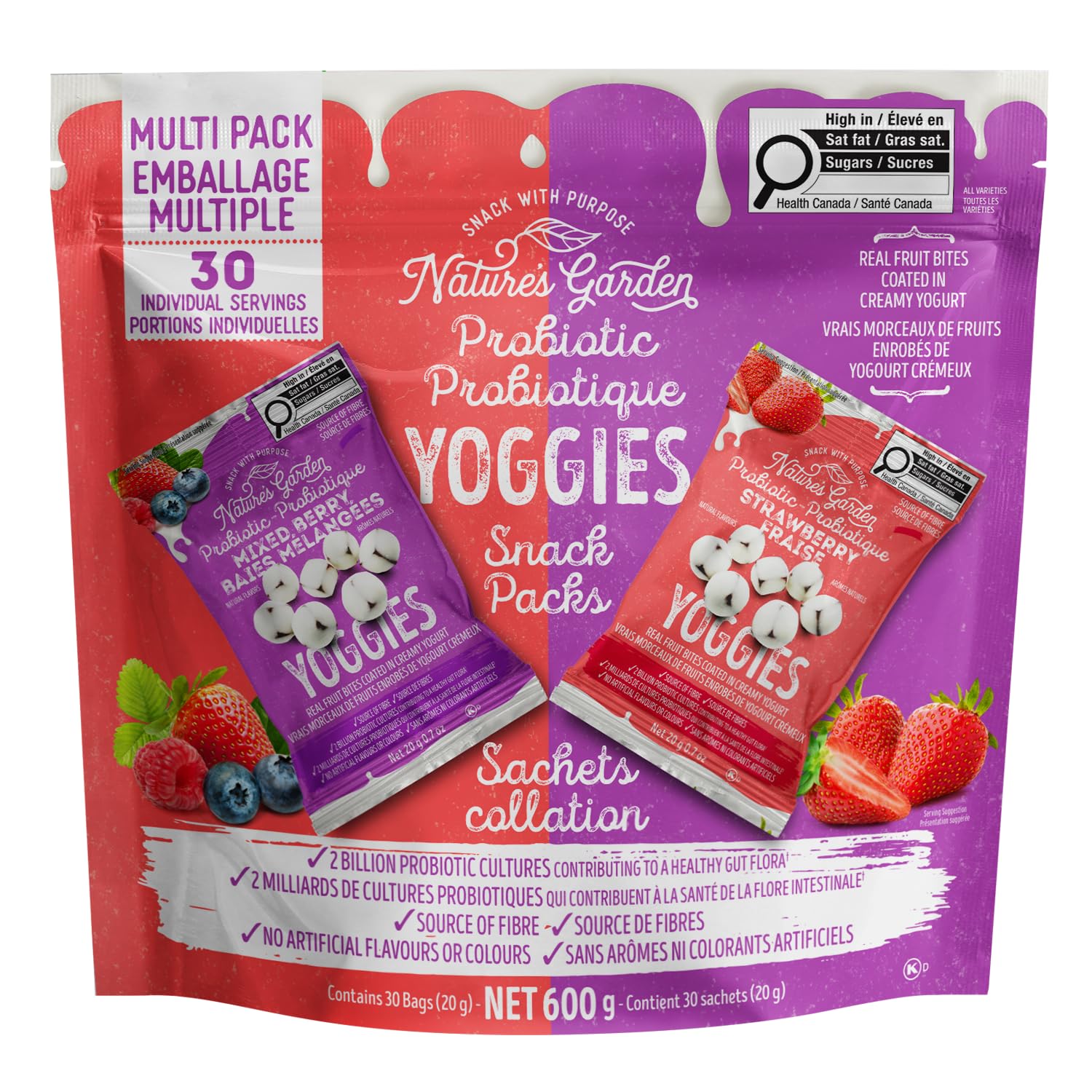 Nature's Garden Probiotic Yoggies Multi Pack, 21oz (Strawberry 15x0.7 oz + Mixed Berry 15x0.7 oz) Yogurt Covered Healthy Snack, High Fiber, Real Fruit