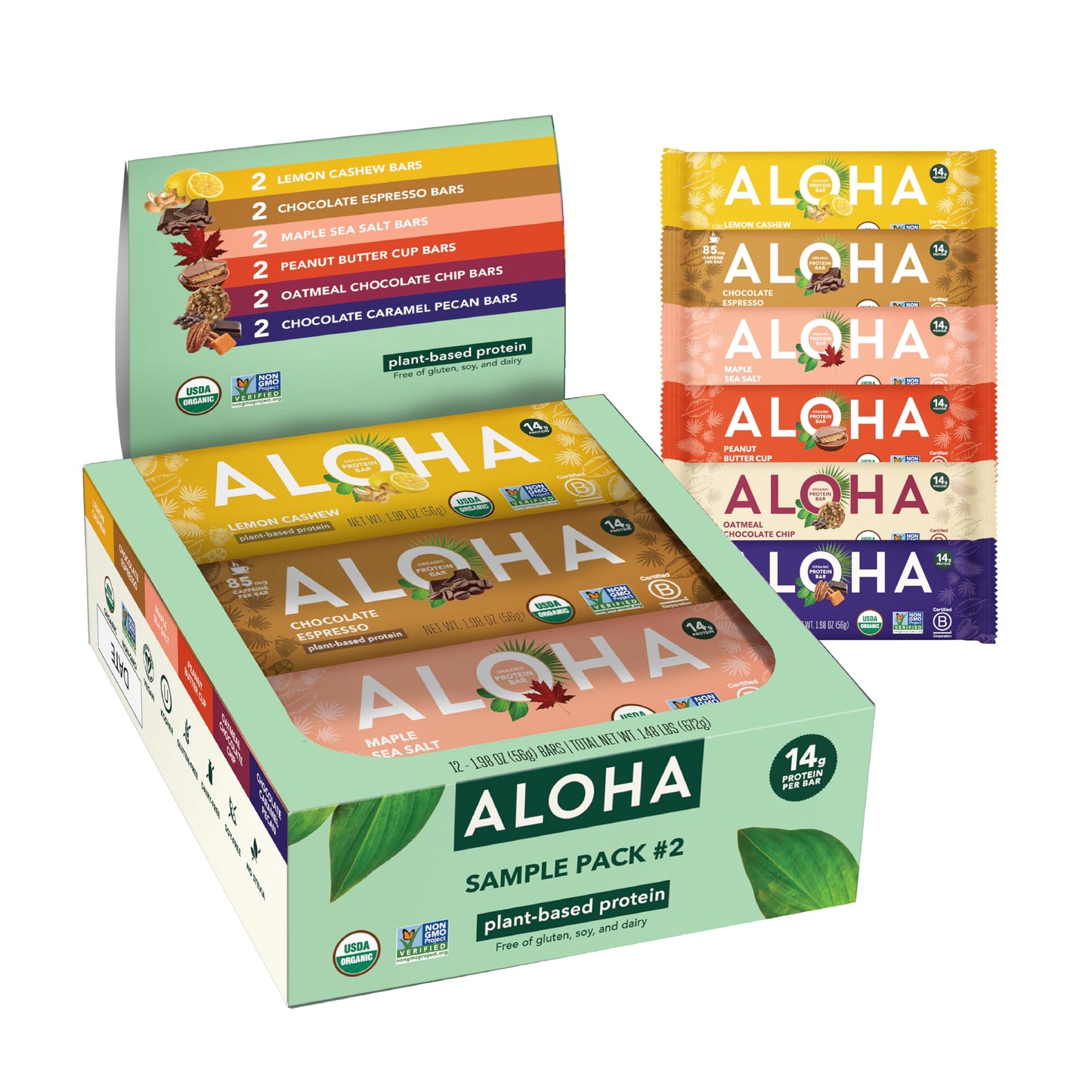 ALOHA Organic Plant Based Protein Bars - Sampler Pack 2nd Edition - 12 Bars, Vegan, Low Sugar, Gluten-Free, Paleo, Low Carb, Non-GMO, No Stevia, No