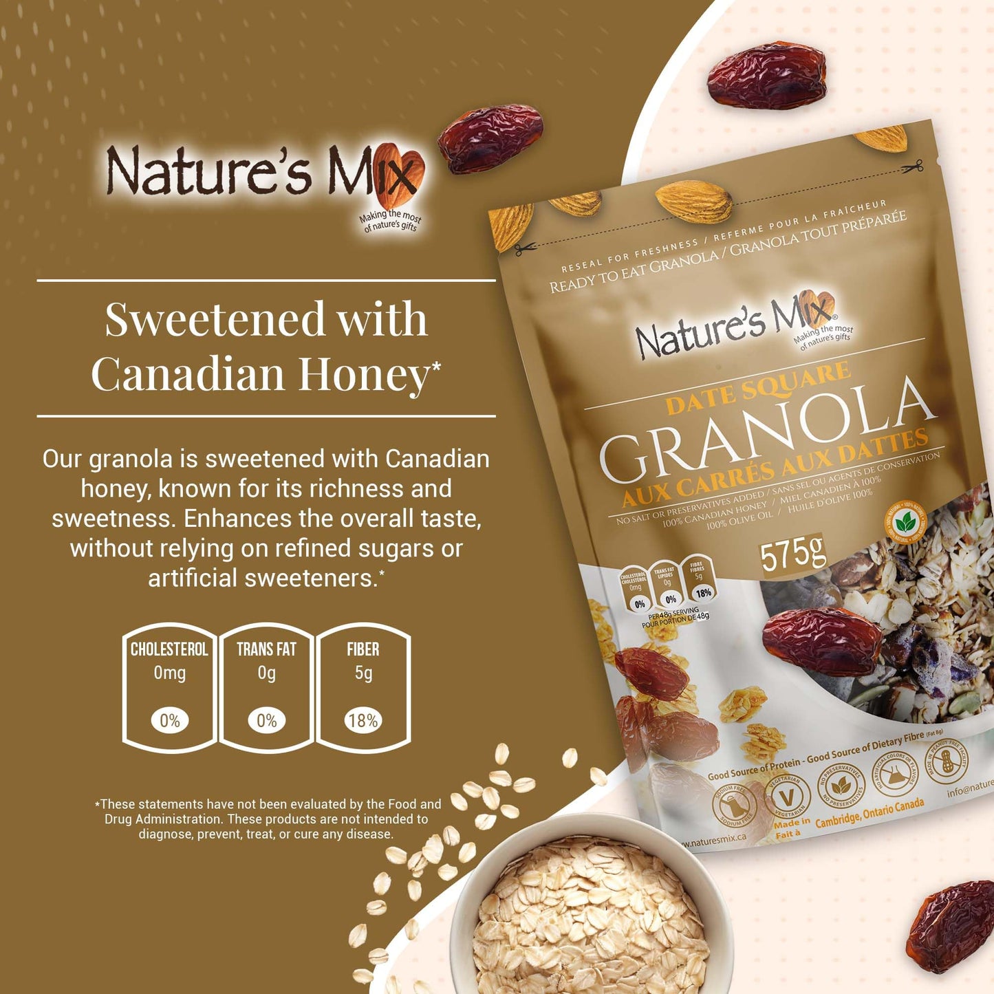 Nature's Mix - Date Square Granola - Oats, Almonds, Dates, Apple and Coconut - Sweetened with Honey - No Sugar, Salt, or Preservatives - Large