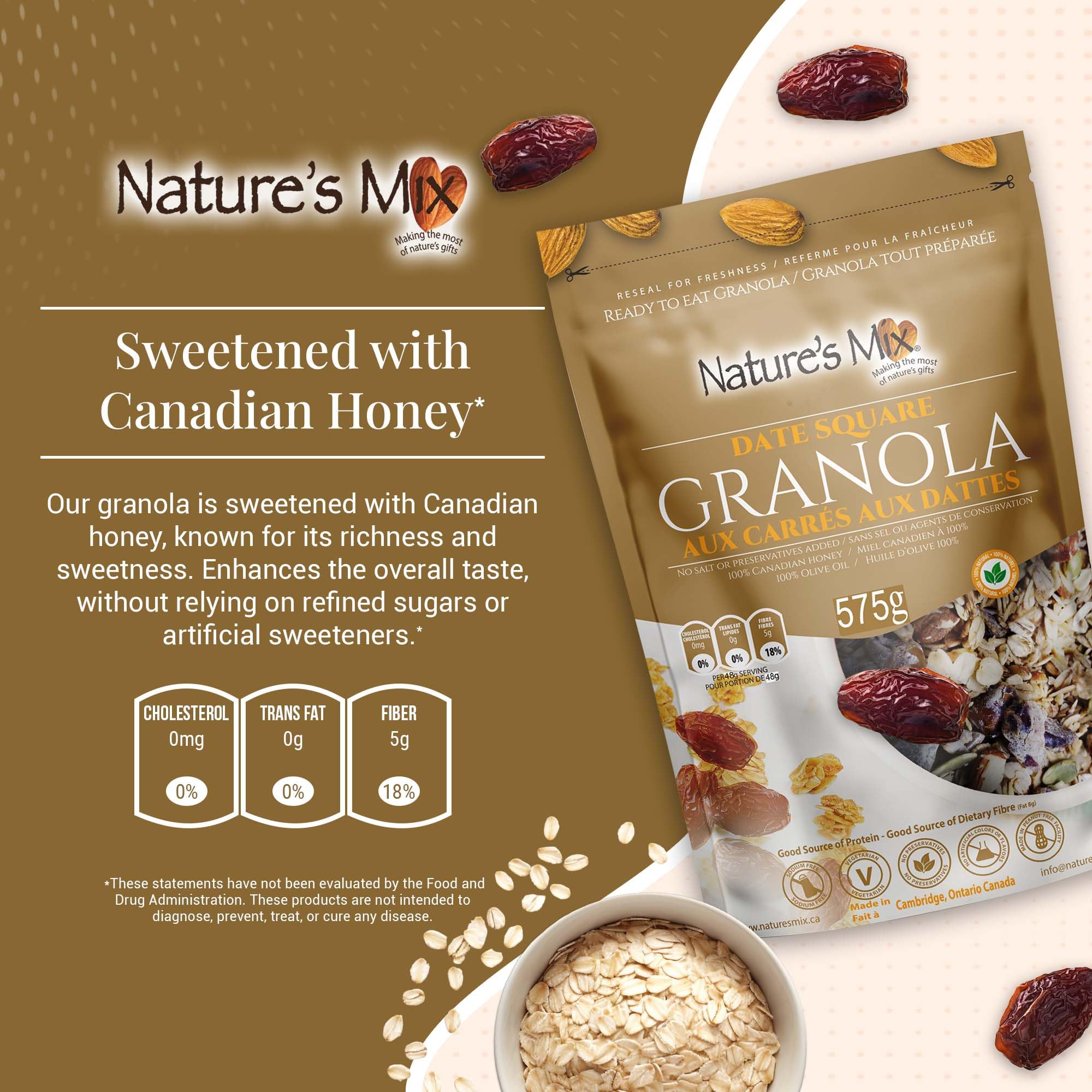 Nature's Mix - Date Square Granola - Oats, Almonds, Dates, Apple and Coconut - Sweetened with Honey - No Sugar, Salt, or Preservatives - Large