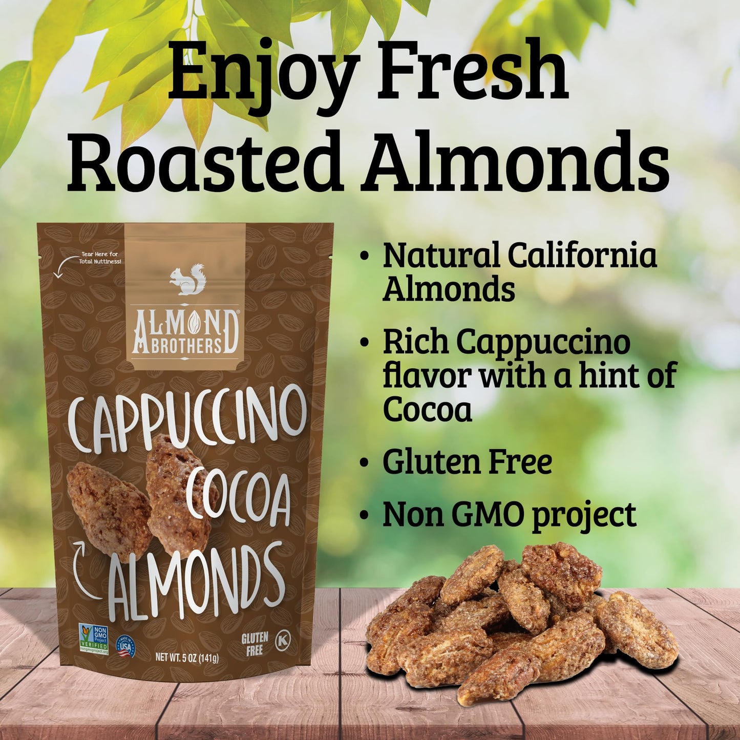 Almond Brothers Roasted Almonds - Pack of 3, 5 oz - Hand Crafted Cappuccino & Cocoa Almonds, Gluten-Free, Non-GMO