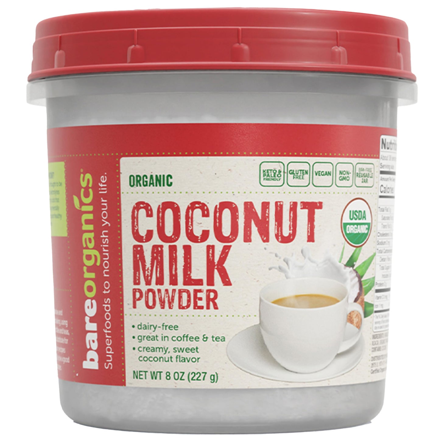 BareOorganics Coconut Milk Powder - Organic Powdered Coconut Milk, Vegan, Non-GMO, Gluten-Free, Non Dairy, 8 Oz
