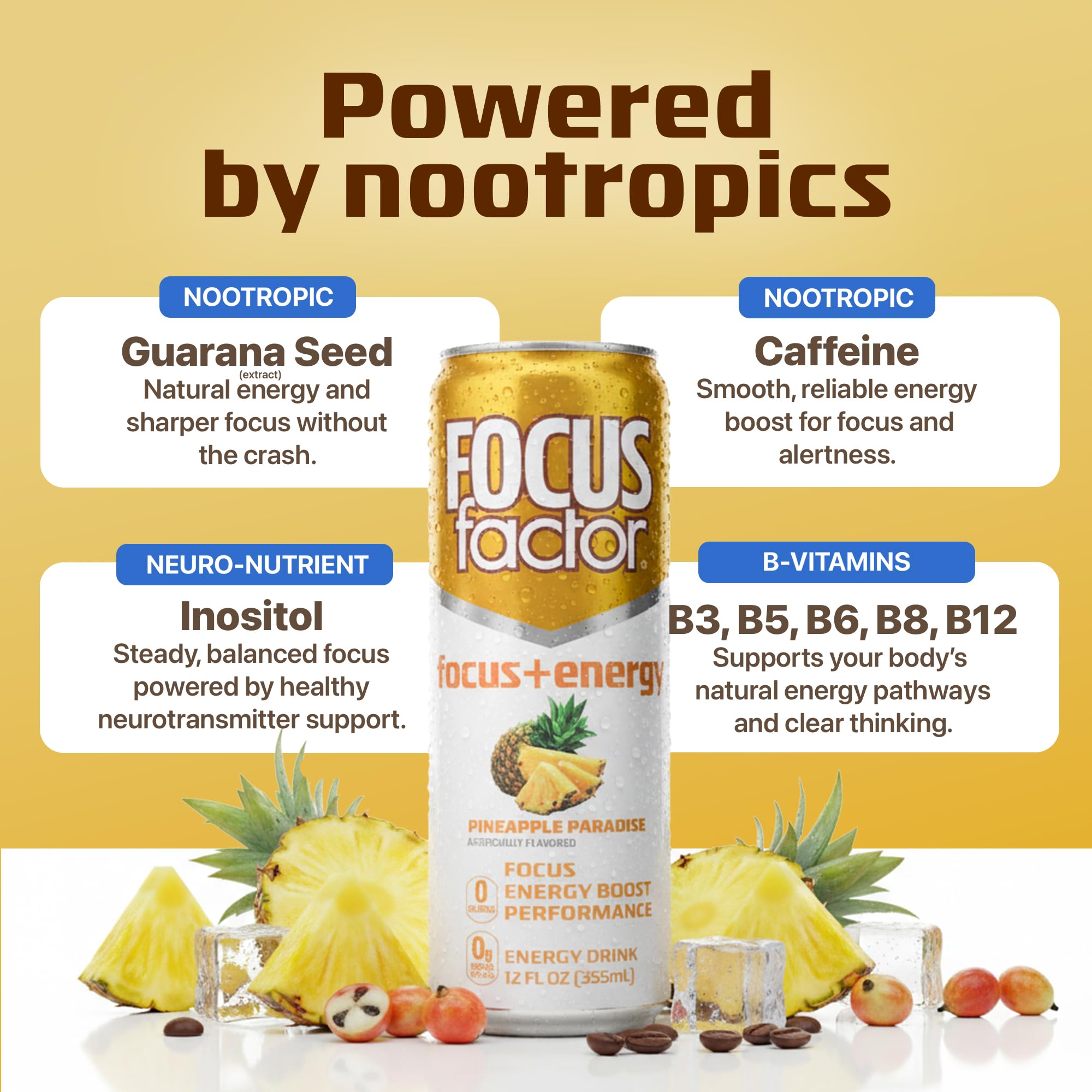 Focus Factor Energy Drink - 12 x 355ml Cans (Pineapple Paradise Flavor) - with Focus + Energy - Lightly Carbonated, Sugar Free, Low Calorie