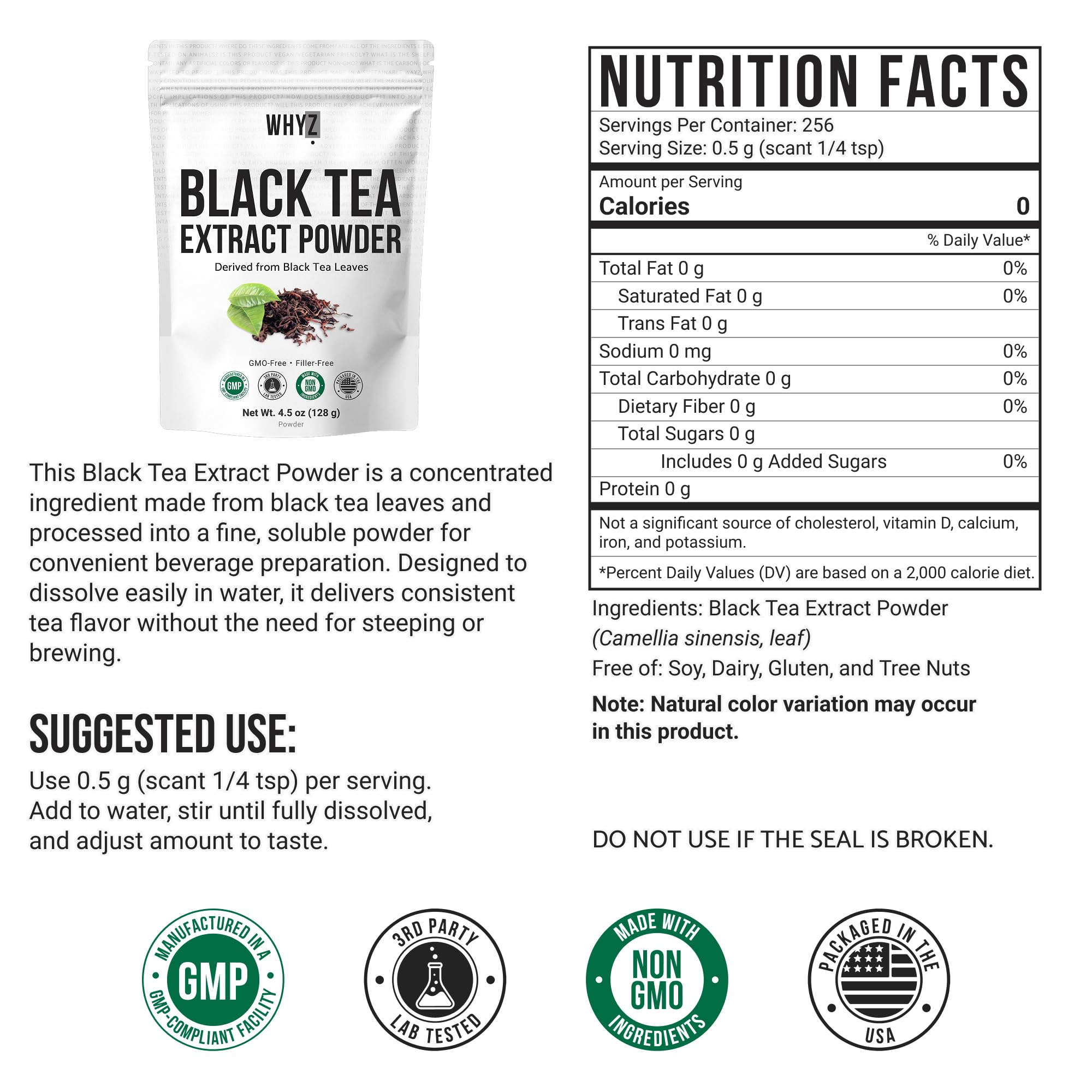 Instant Black Tea Extract Powder, Unsweetened Iced Tea Extract from Real Black Tea Leaves for Hot or Cold Drinks, Instant Tea Mix for Beverages