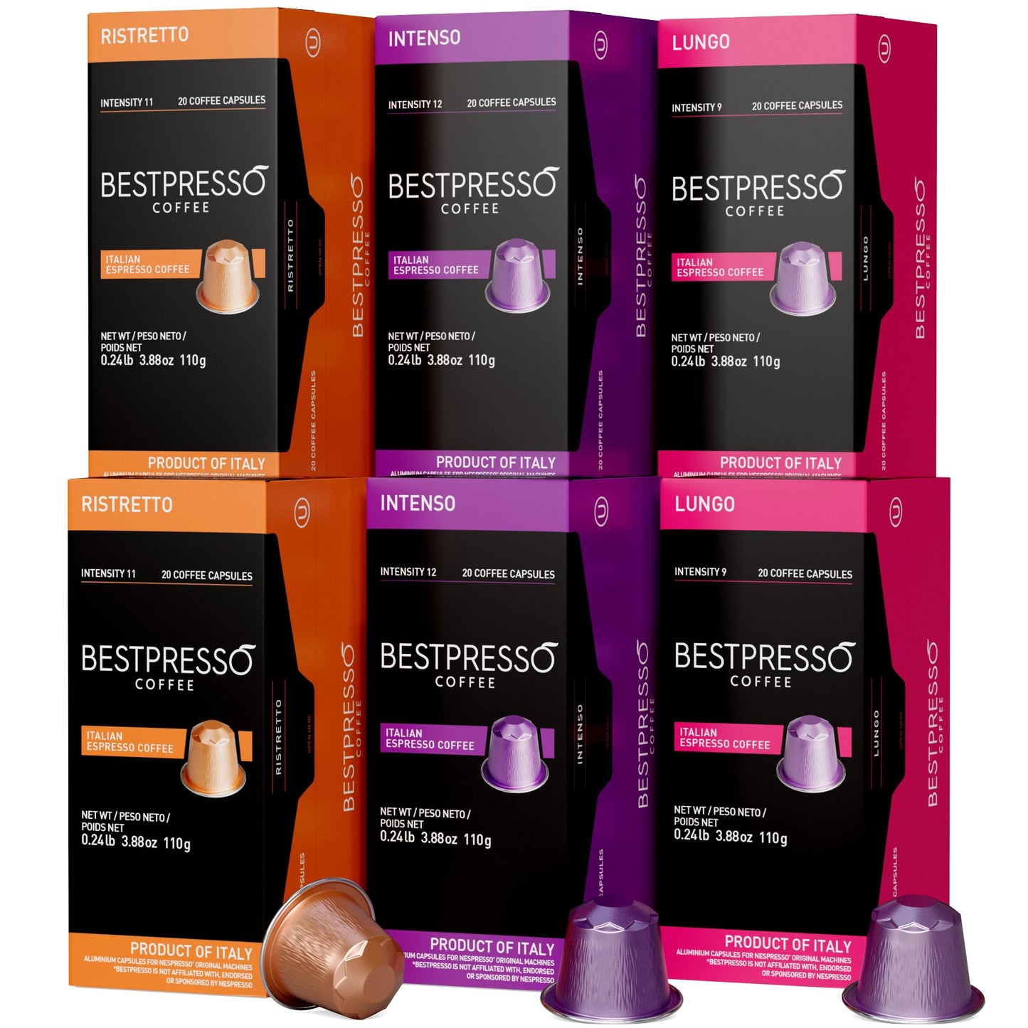 Bestpresso Coffee For Nespresso Original Machine 120 Aluminum Pods Certified Genuine Espresso Variety Pack Pods Compatible with Nespresso Original