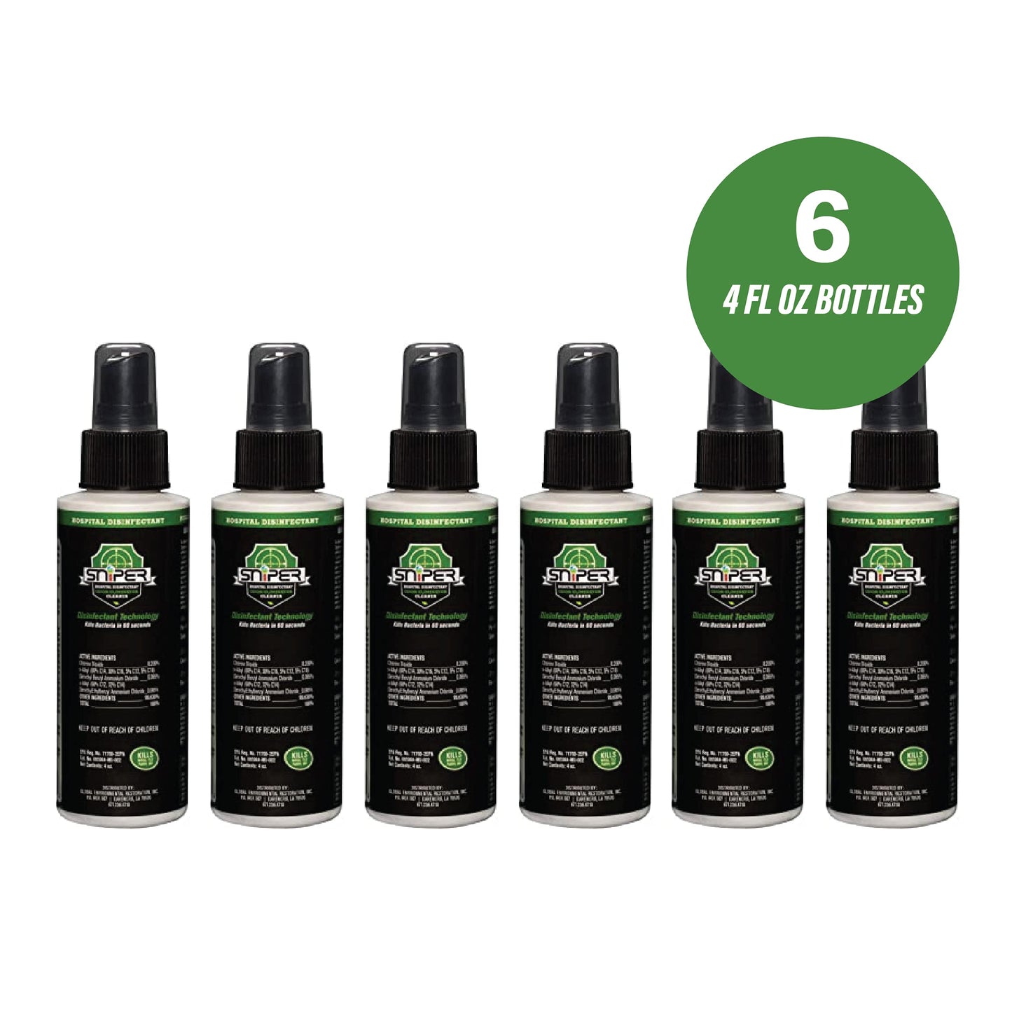 SNiPER Hospital Disinfectant, Odor Eliminator & All-Purpose Cleaner, 4 Ounce Spray, 6-Pack