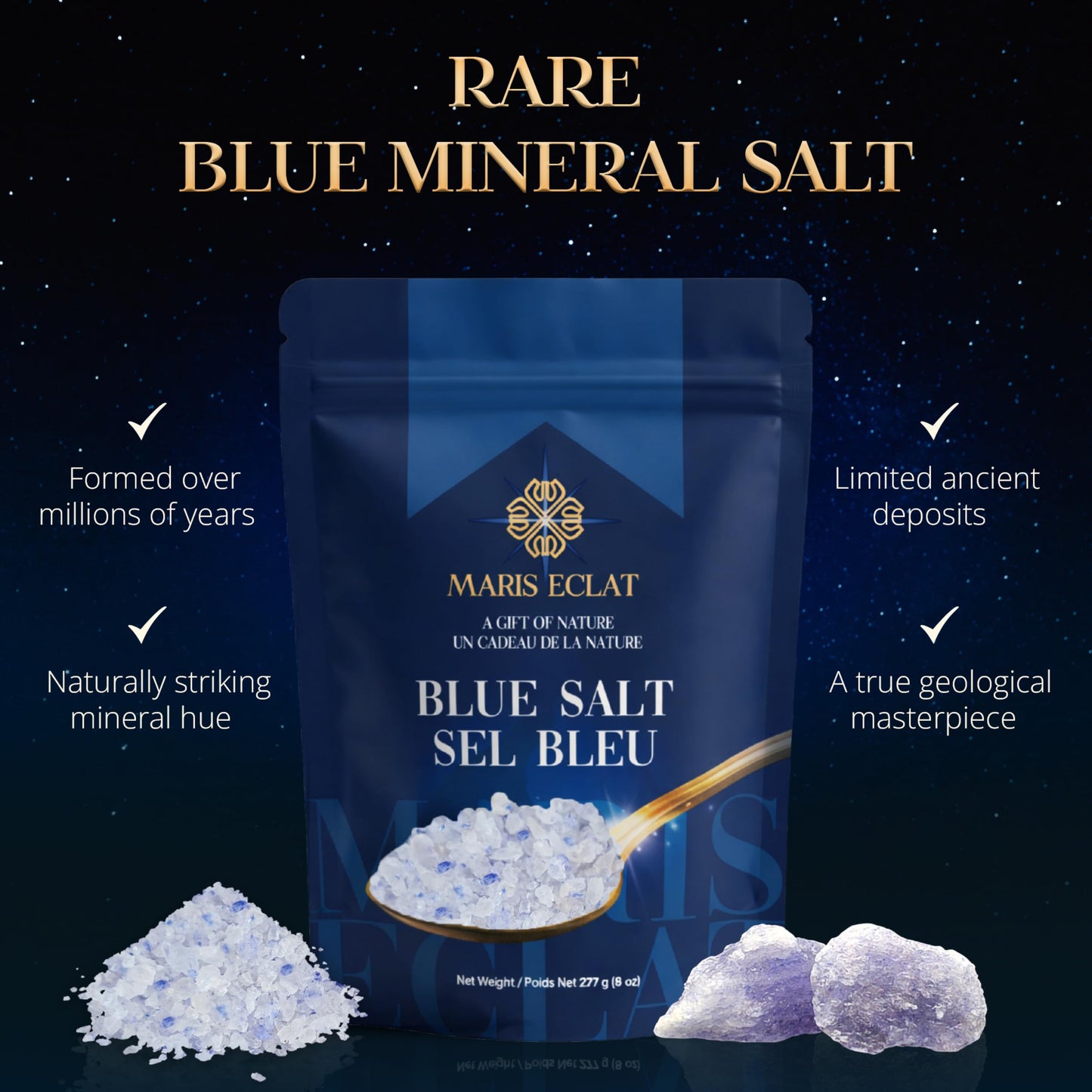 Maris Eclat Blue Salt Coarse Crystals - Premium Gourmet Mineral Salt - Naturally Rich in Potassium with Lower Sodium Than Regular Table Salt