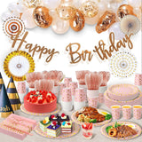 AIRE 175PCS Pink Rose Gold Plates Party Supplies Severs 25 Guests Disposable Party Decorations, Plastic Forks Knives Spoons, Golden Dot Paper Plates