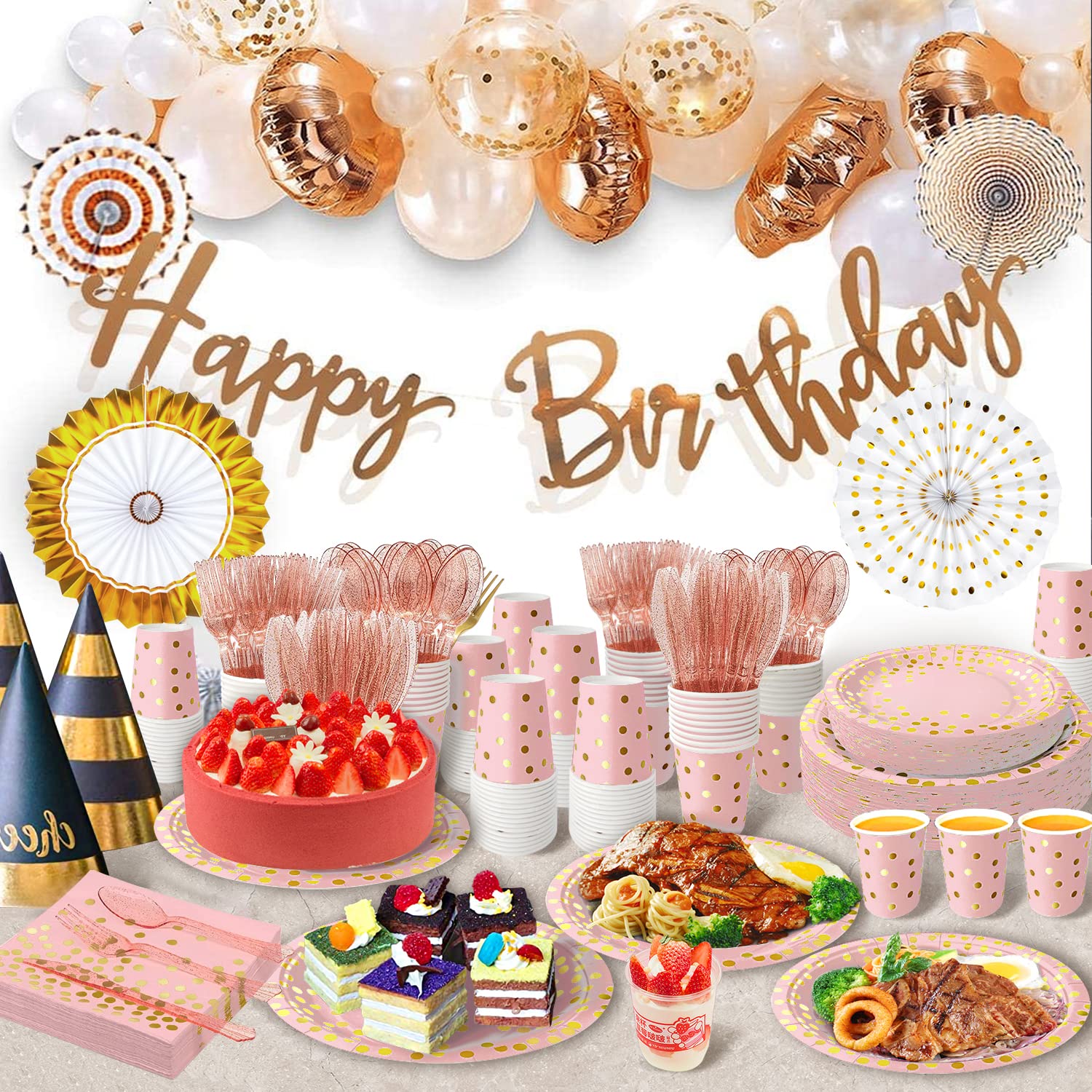 AIRE 175PCS Pink Rose Gold Plates Party Supplies Severs 25 Guests Disposable Party Decorations, Plastic Forks Knives Spoons, Golden Dot Paper Plates