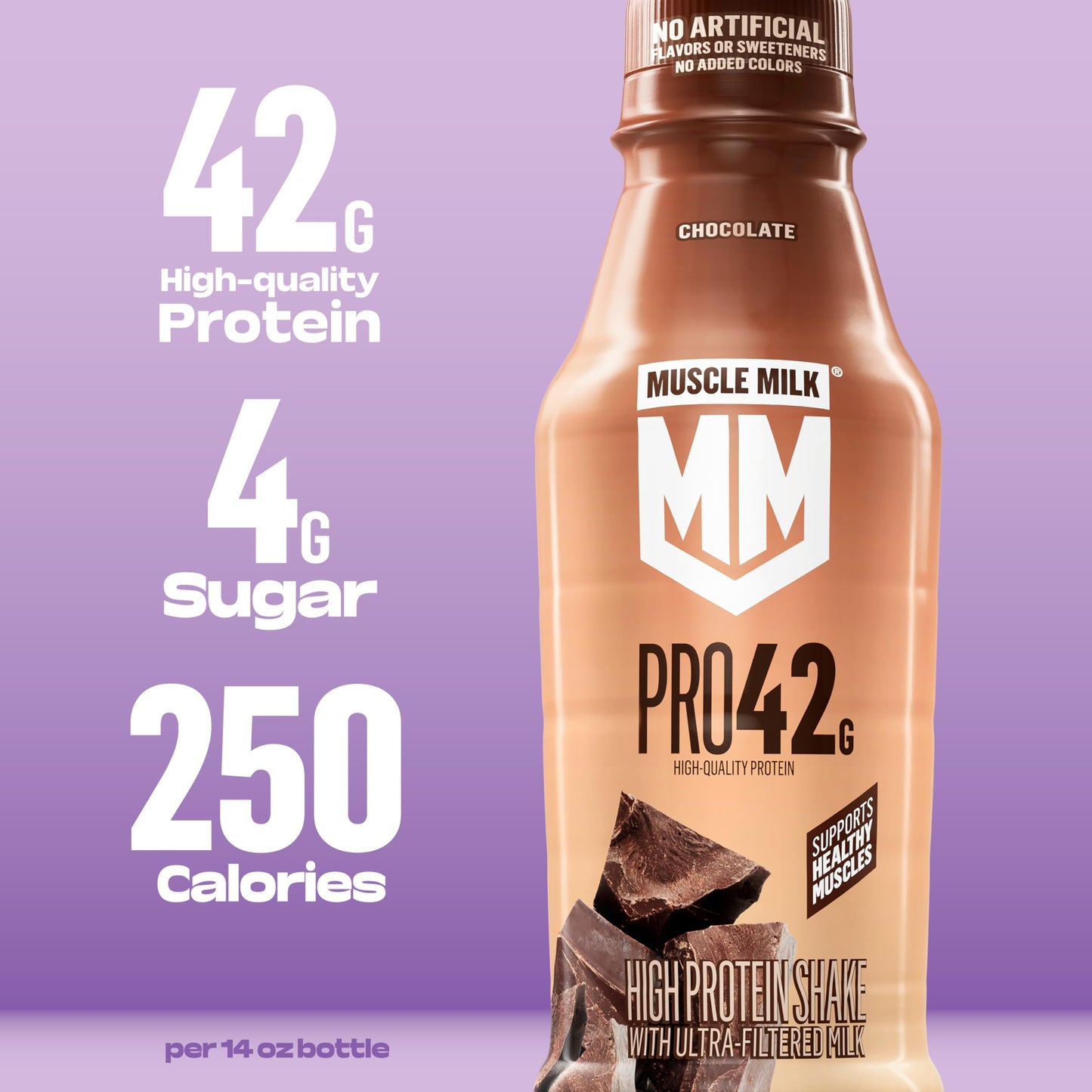 Muscle Milk Pro High Protein Shake, Chocolate, 14 fl oz Bottle, Ultra-Filtered Milk, 42g High Quality Protein, 4g Sugar, 250 Calories, No Artificial