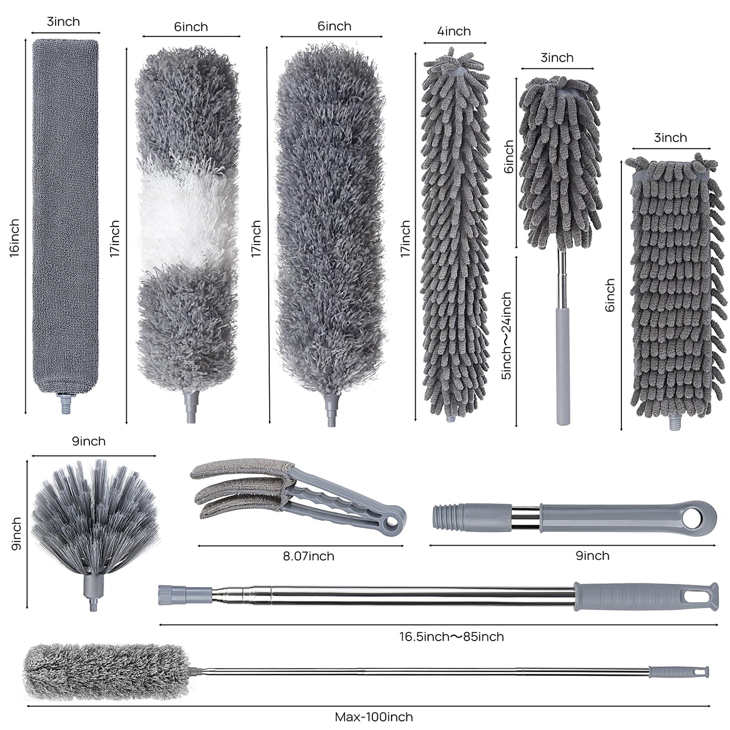 Dusters for Cleaning, Feather Duster Set, 10PCS Duster with Extension Pole Up to 100'' - Extendable, Bendable, and Washable for Ceilings, Chandeliers