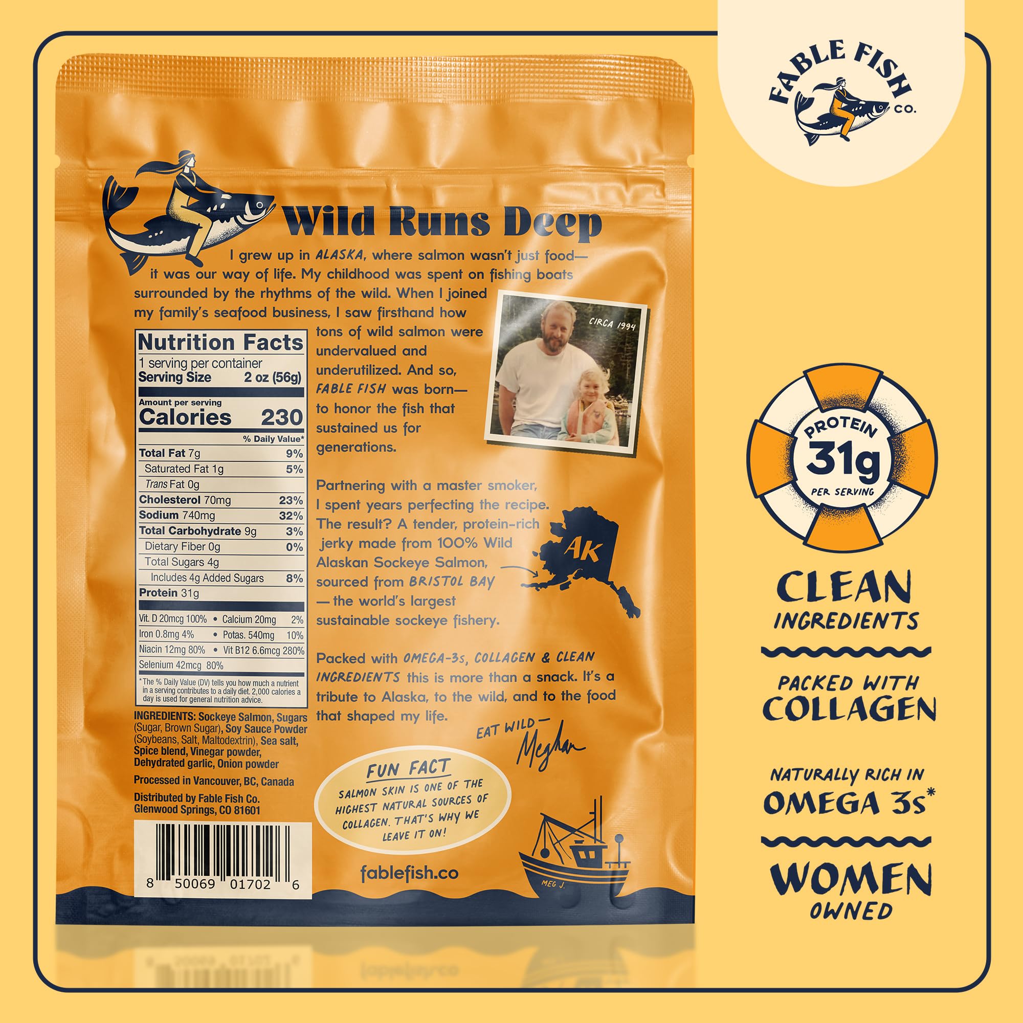 Fable Fish Wild Alaskan Salmon Jerky - Wild Caught Salmon with 31g of Protein - Tasty Fish Jerky with Omega-3s and Natural Source of Collagen - Made