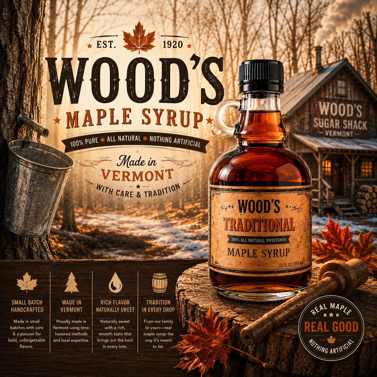WOOD'S Vermont Maple Syrup - Traditional 100% Pure Maple Syrup | Small-Batch, Vegan Natural Sweetener | Grade A, Robust Taste | Perfect for Pancakes