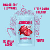 Smash Foods Raspberry Jam Squeeze Packets | 10 Single Serve | Natural, Keto & No Sugar Added | Vegan & Upcycled Fruit Spread | Low-Calorie, Superfood