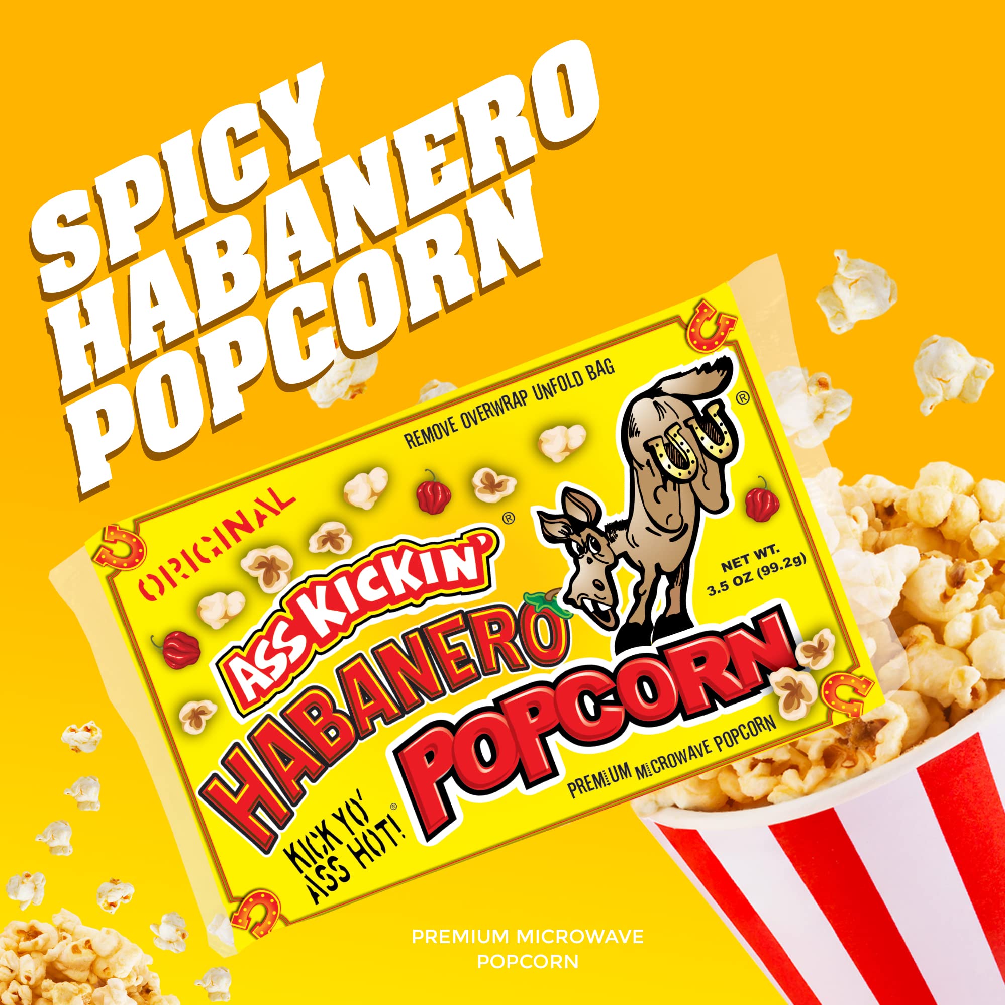 ASS KICKIN' Habanero Microwave Popcorn Bags - 12 Pack - Ultimate Spicy Popcorn Gourmet Gift - Makes a Great Movie Theater Popcorn or Snack Food