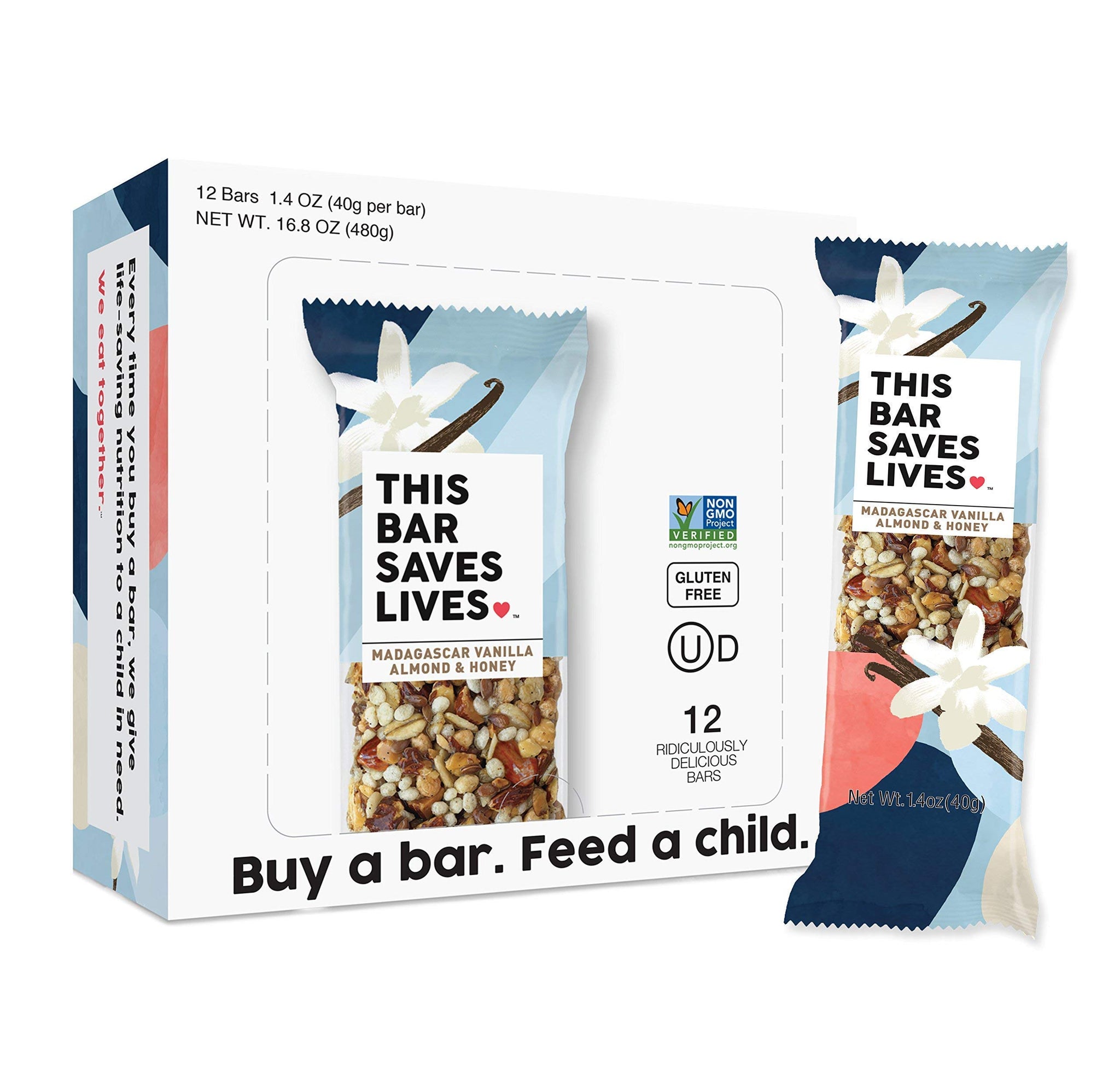 This Saves Lives Gluten-Free Snack Bars, Helping to End Child Hunger, Individually Wrapped Healthy Snack Bars, Non-GMO, Madagascar Vanilla Almond