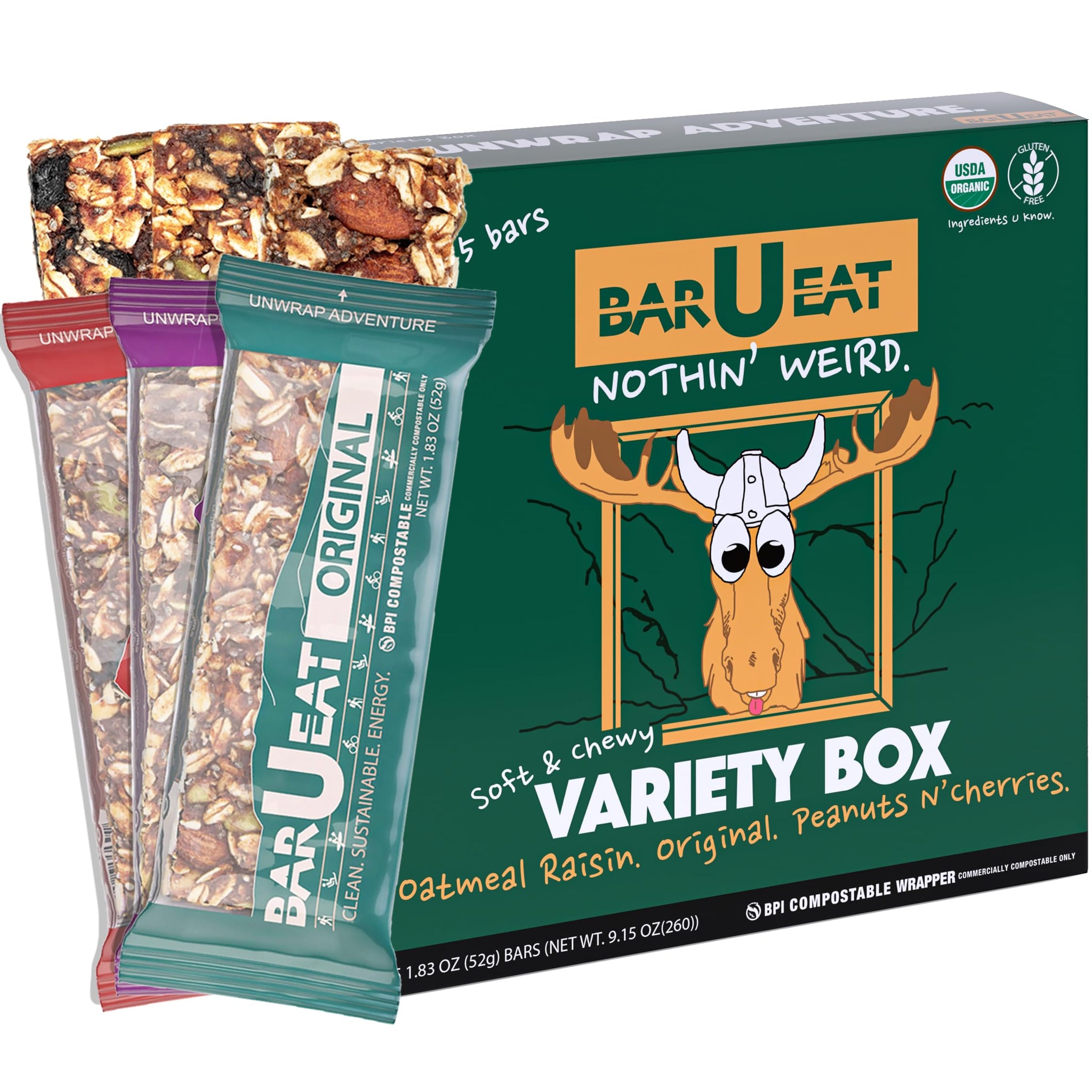 BAR-U-EAT Gluten-Free, Organic, Soft & Chewy Energy Bar. Real Food | Seed Oil Free | No Artificial Sugar | Compostable Packaging | Healthy Snacks