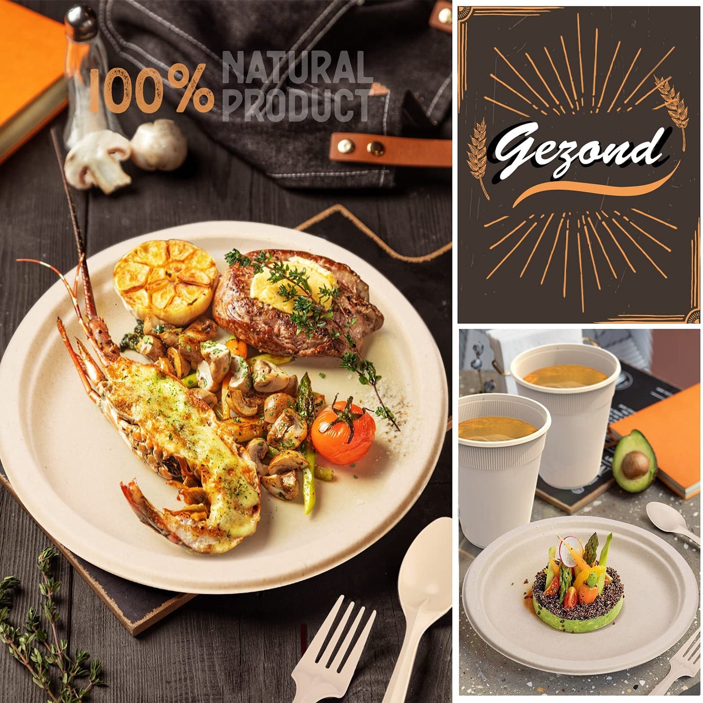 Gezond 350pcs Compostable Paper Plates Set Eco-friendly Heavy-duty Disposable Paper Plates Cutlery Includes Eco-friendly Plate, Forks, Knives, Spoons