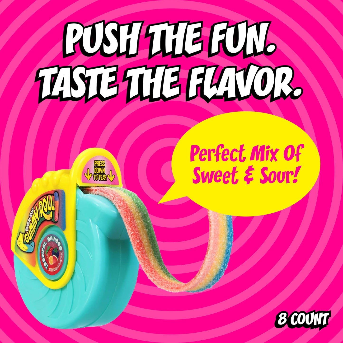 Push Pop Gummy Roll Candy Gummies, 8 Ct Individually Wrapped Gummies in Assorted Fruity Flavors, Full Size Fun Chewy Candy For Party Favors, Birthday