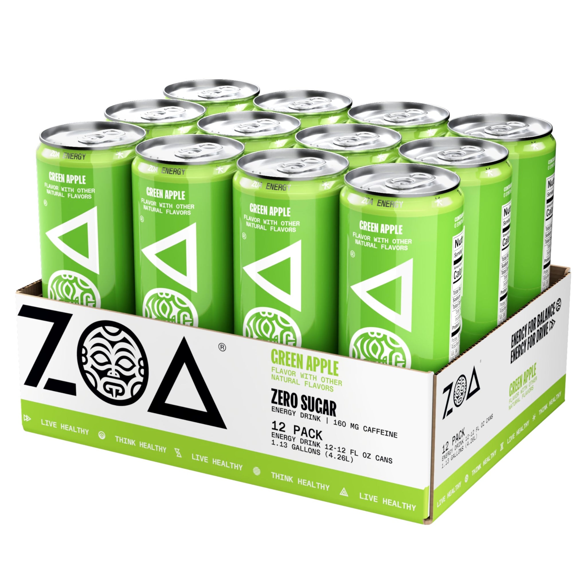 ZOA GREEN APPLE Sugar Free, Low Calorie Energy Drinks | Healthy B & C Vitamins | Electrolytes for Hydration | 160mg Caffeine from Green Tea | 12 Fl Oz