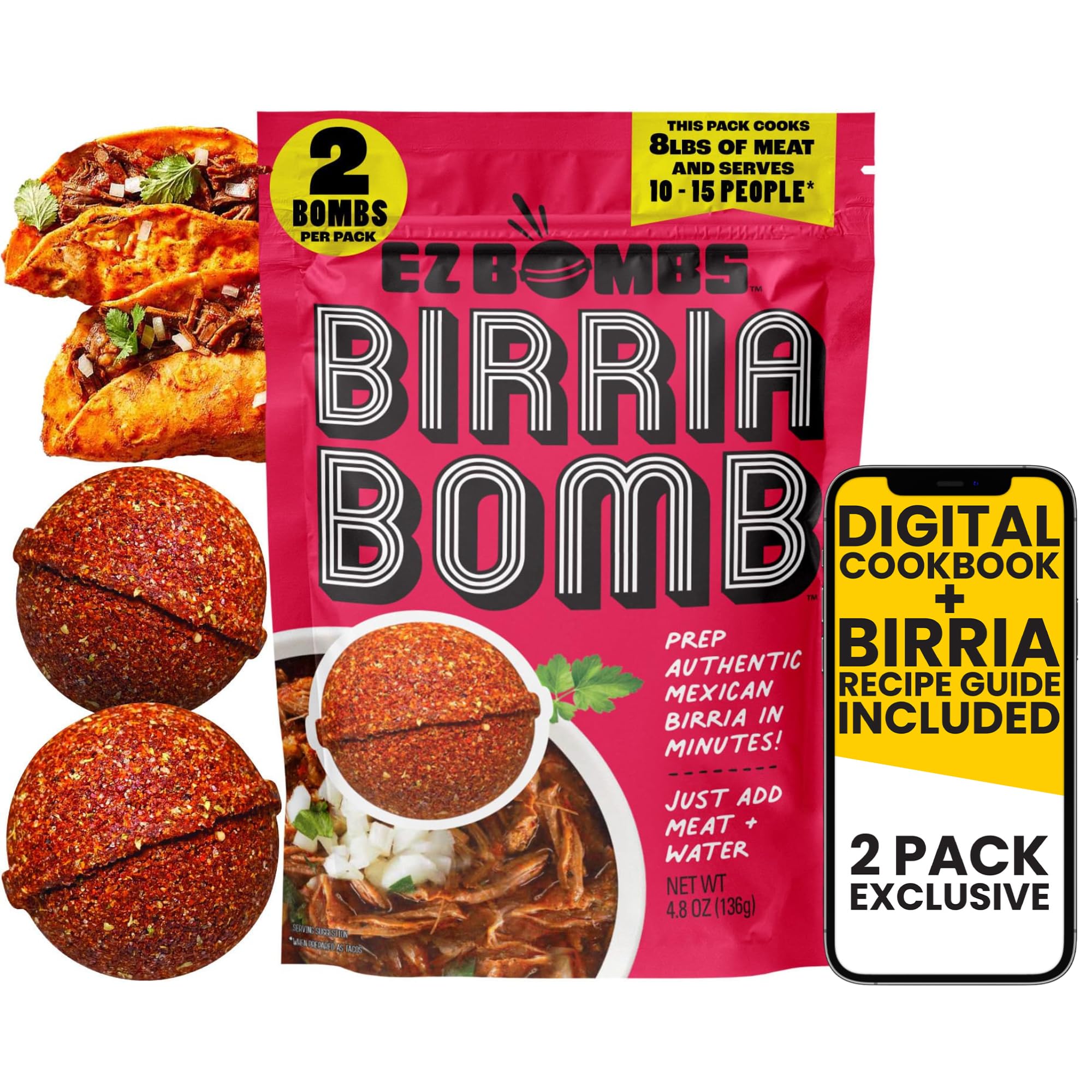 EZ Bombs Birria Bomb Seasoning, Pack of 2 - Authentic Mexican Spice Mix + Exclusive Digital Recipe Guide - Perfect for Tacos, Burritos, Nachos