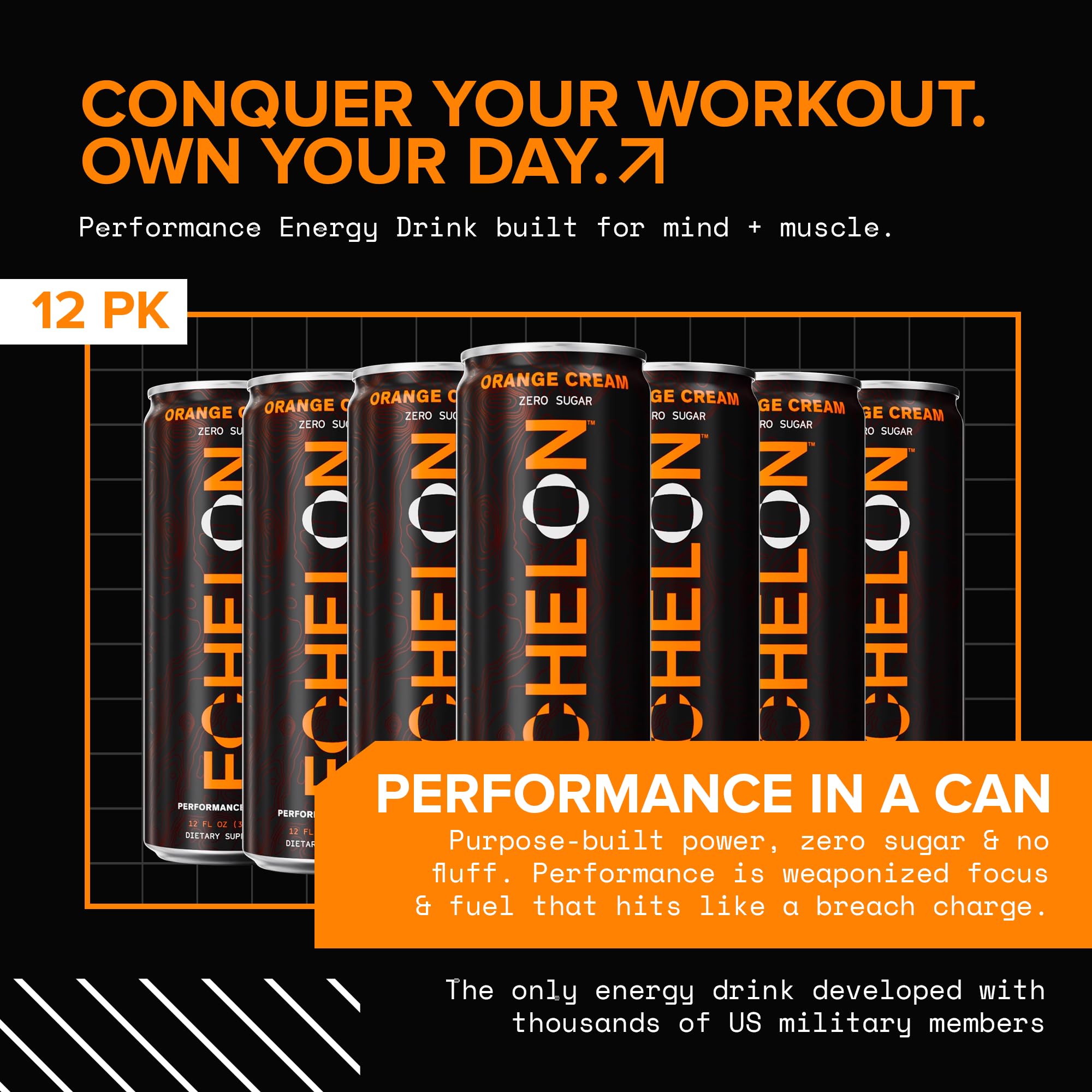 Echelon Performance Energy Drink Orange Cream - Zero Sugar, 200mg Natural Caffeine, Muscular Endurance, Nootropic Focus, Prebiotic Fiber, B Vitamins