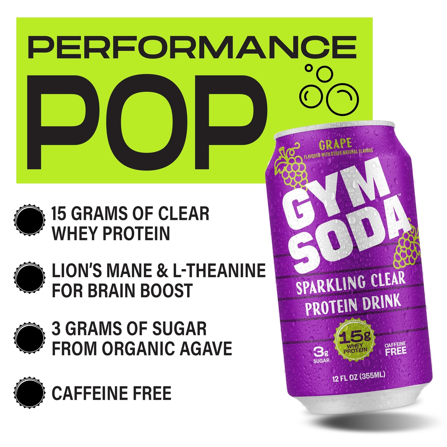 Gym Soda Sparkling Clear Protein Soda, 15g of Clear Whey Protein, Lion’s Mane, L Theanine, Low Sugar, Naturally Sweetened, Lightly Carbonated