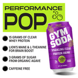 Gym Soda Sparkling Clear Protein Soda, 15g of Clear Whey Protein, Lion’s Mane, L Theanine, Low Sugar, Naturally Sweetened, Lightly Carbonated