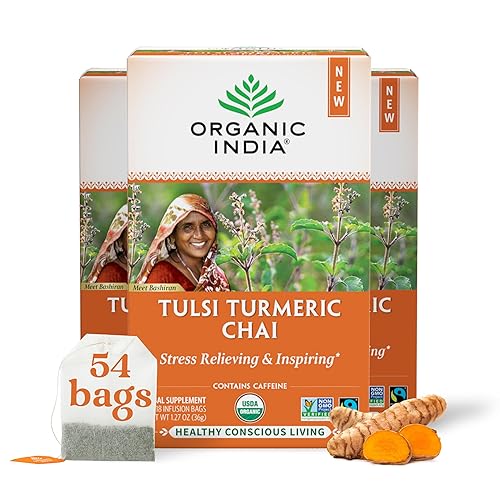 ORGANIC INDIA Tulsi Turmeric Chai Tea - Herbal Tea Bags with Caffeine, Ginger Root, Cinnamon, Holy Basil, Stress Relieving and Energizing, Immune