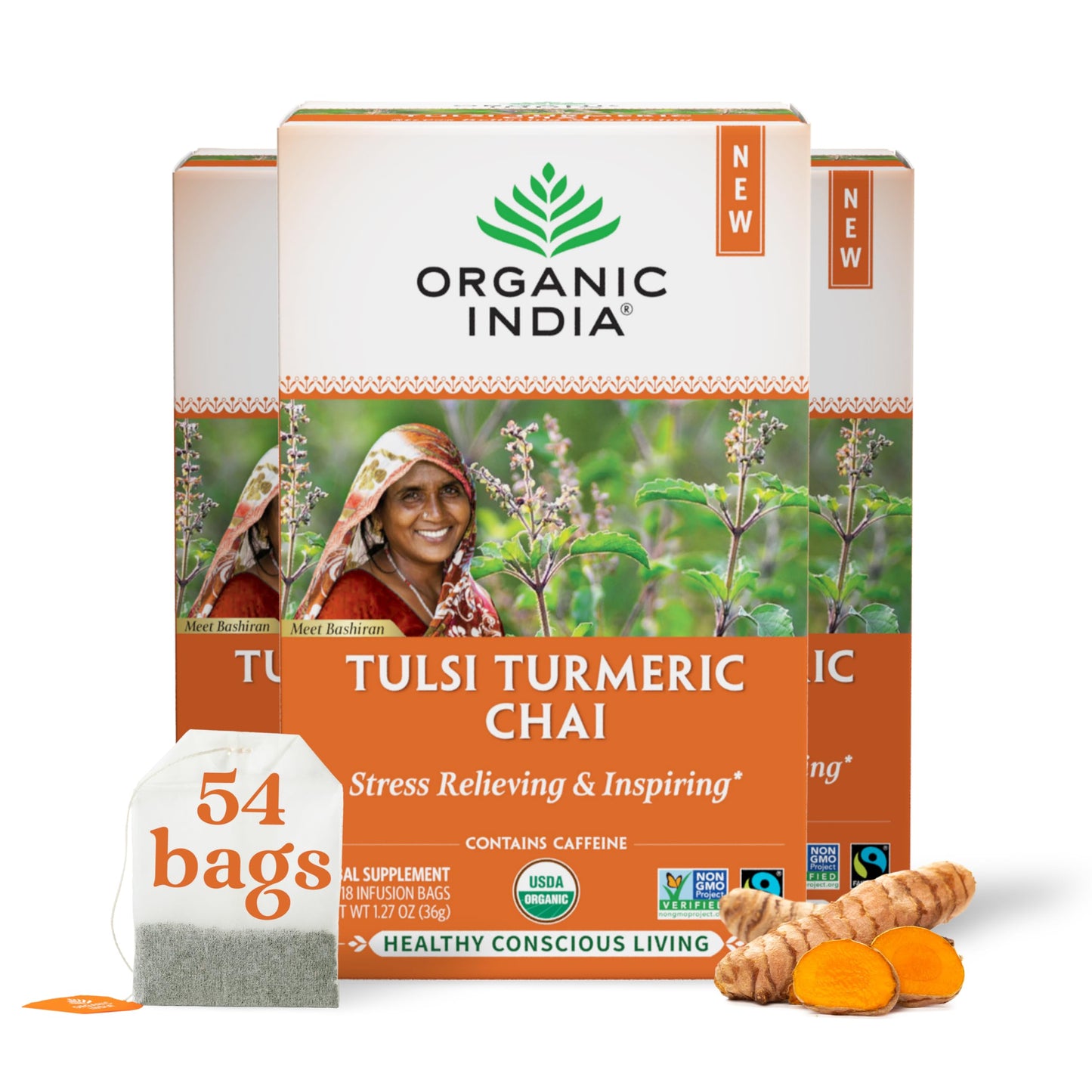 ORGANIC INDIA Tulsi Turmeric Chai Tea - Herbal Tea Bags with Caffeine, Ginger Root, Cinnamon, Holy Basil, Stress Relieving and Energizing, Immune