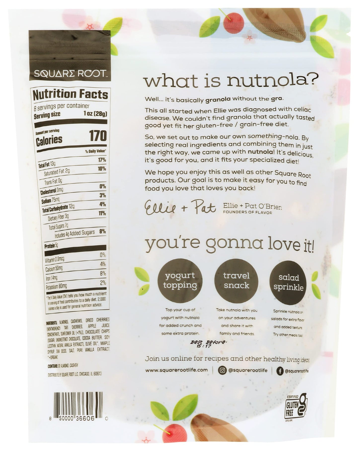 Square Root Nutnola Chocolate Cherry Chia Grain Free Granola, 8 OZ