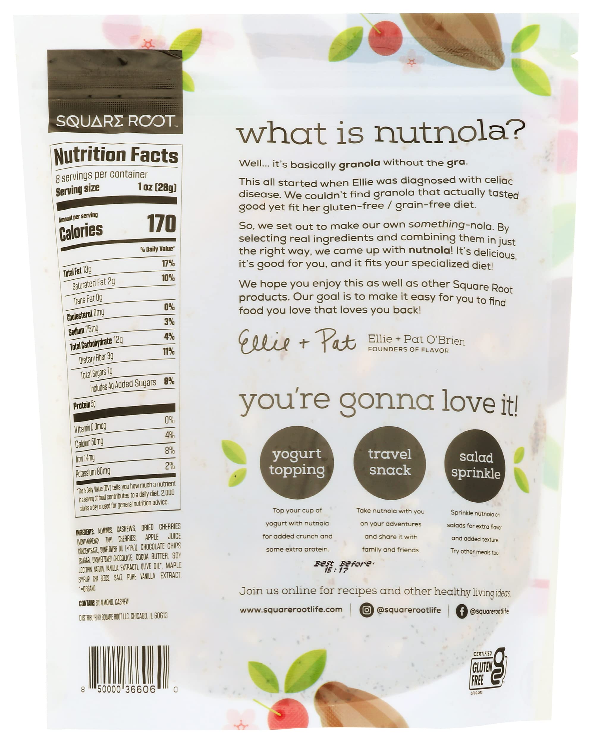 Square Root Nutnola Chocolate Cherry Chia Grain Free Granola, 8 OZ
