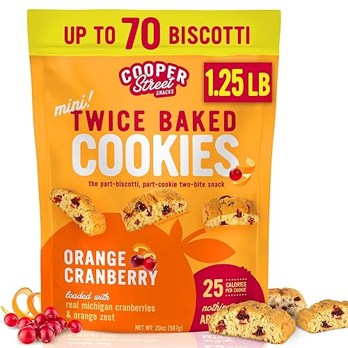 Cooper Street Twice Baked Orange Cranberry Biscotti Cookies - 1.25 Lb - Light and Crispy Coffee Cookie Bites - Low Calorie Italian Snacks for Adults