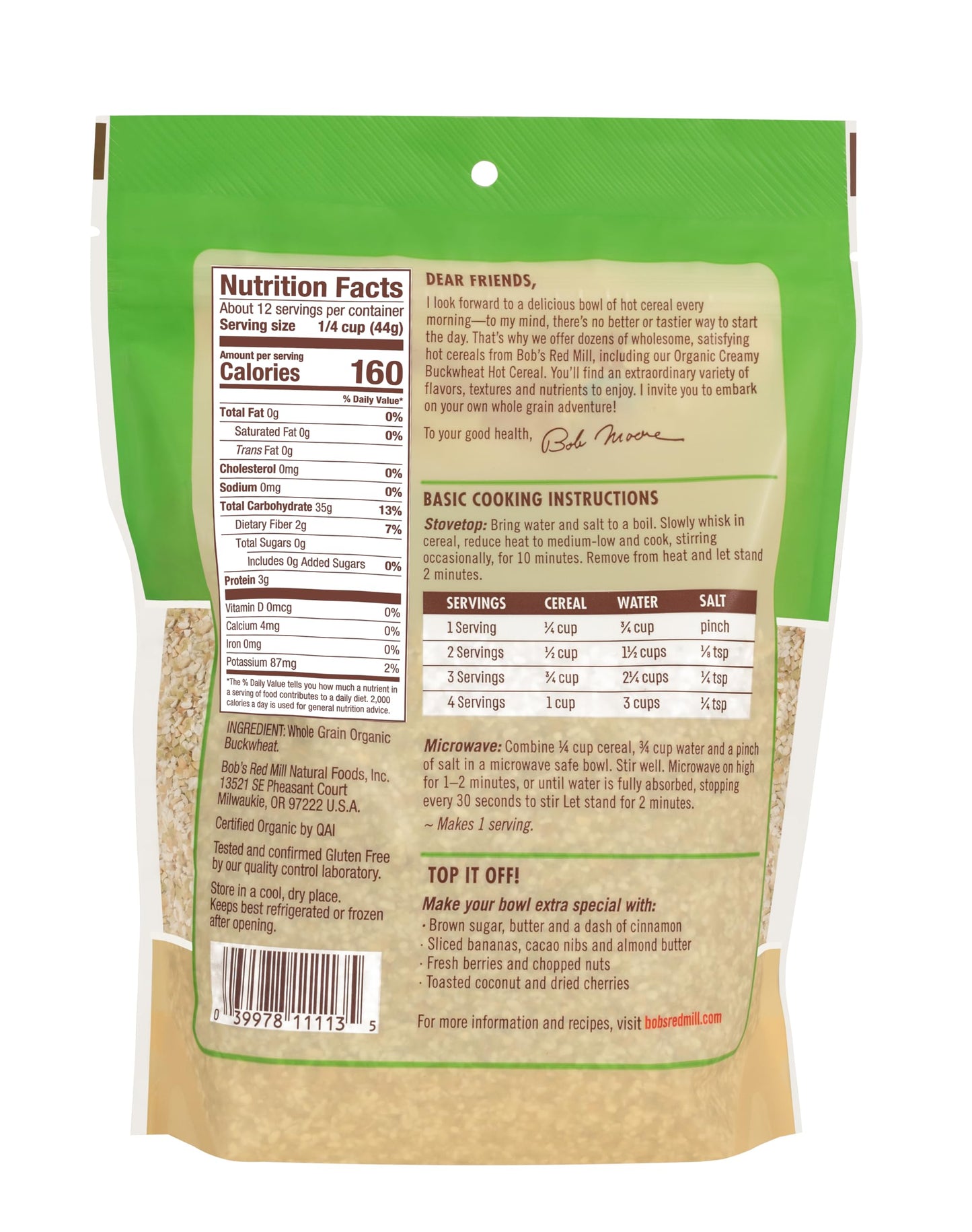 Bob's Red Mill Organic Gluten Free Creamy Buckwheat Hot Cereal, 18oz (Pack of 1) - Non GMO, Whole Grain, Vegan, Kosher