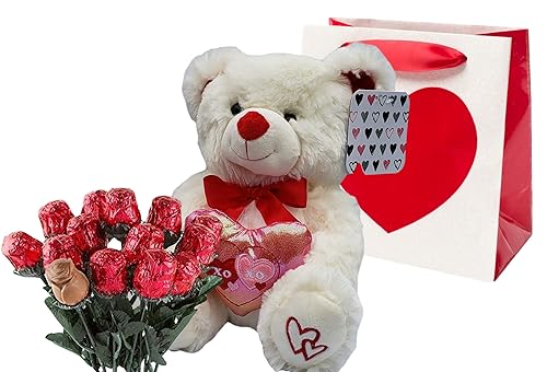 Valentines Day Gift Basket | 10 Inches Teddy Bear Plush (Color May Vary), Valentine Theme Gift Bag & A dozen Belgian Milk Chocolate Roses Bouquet 2.11