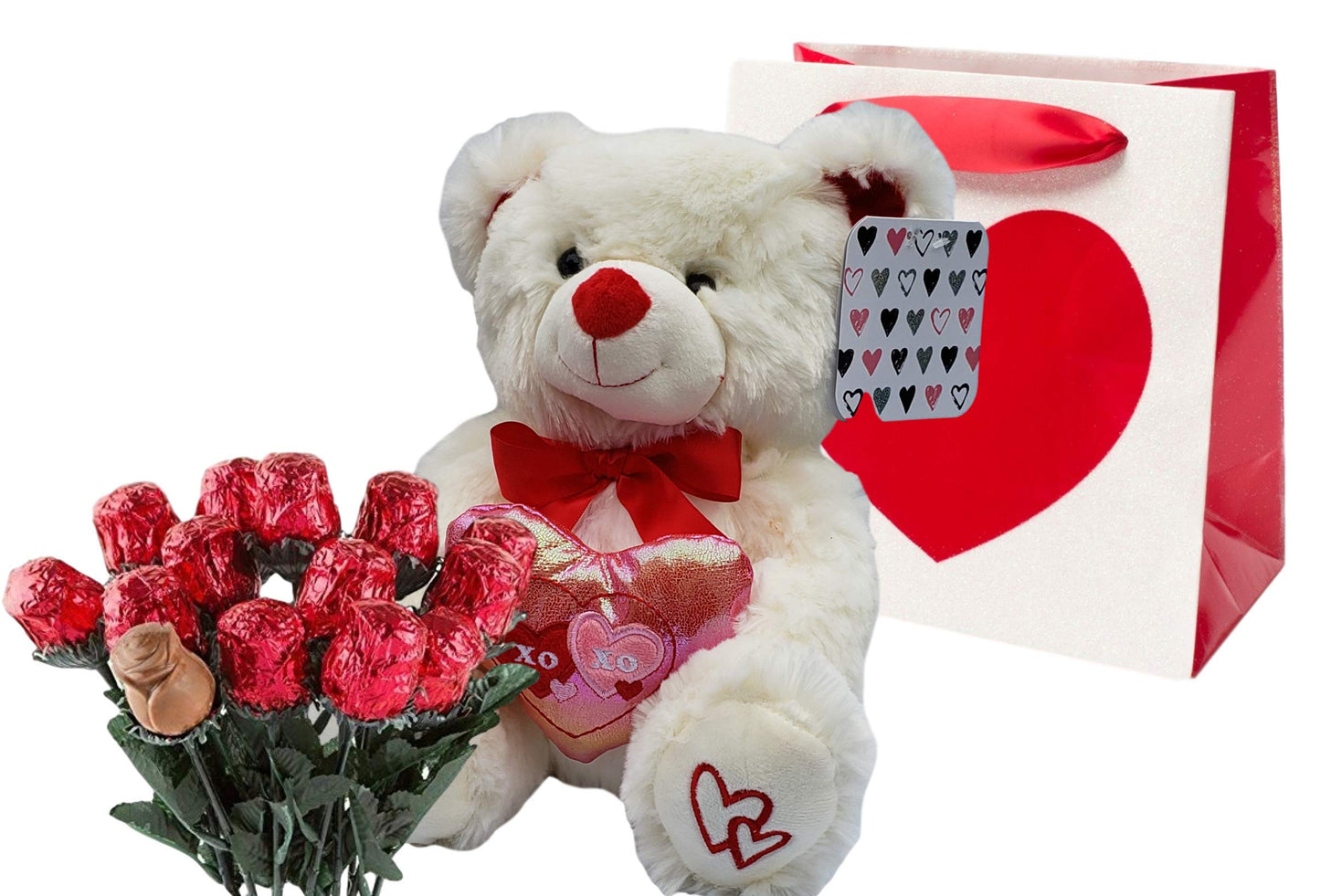 Valentines Day Gift Basket | 10 Inches Teddy Bear Plush (Color May Vary), Valentine Theme Gift Bag & A dozen Belgian Milk Chocolate Roses Bouquet 2.11