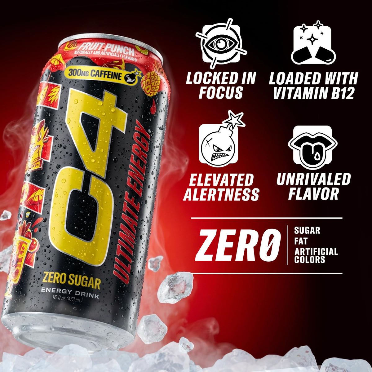 C4 Ultimate Energy Drink with Zero Sugar, 300mg Caffeine, 16oz Pack of 12