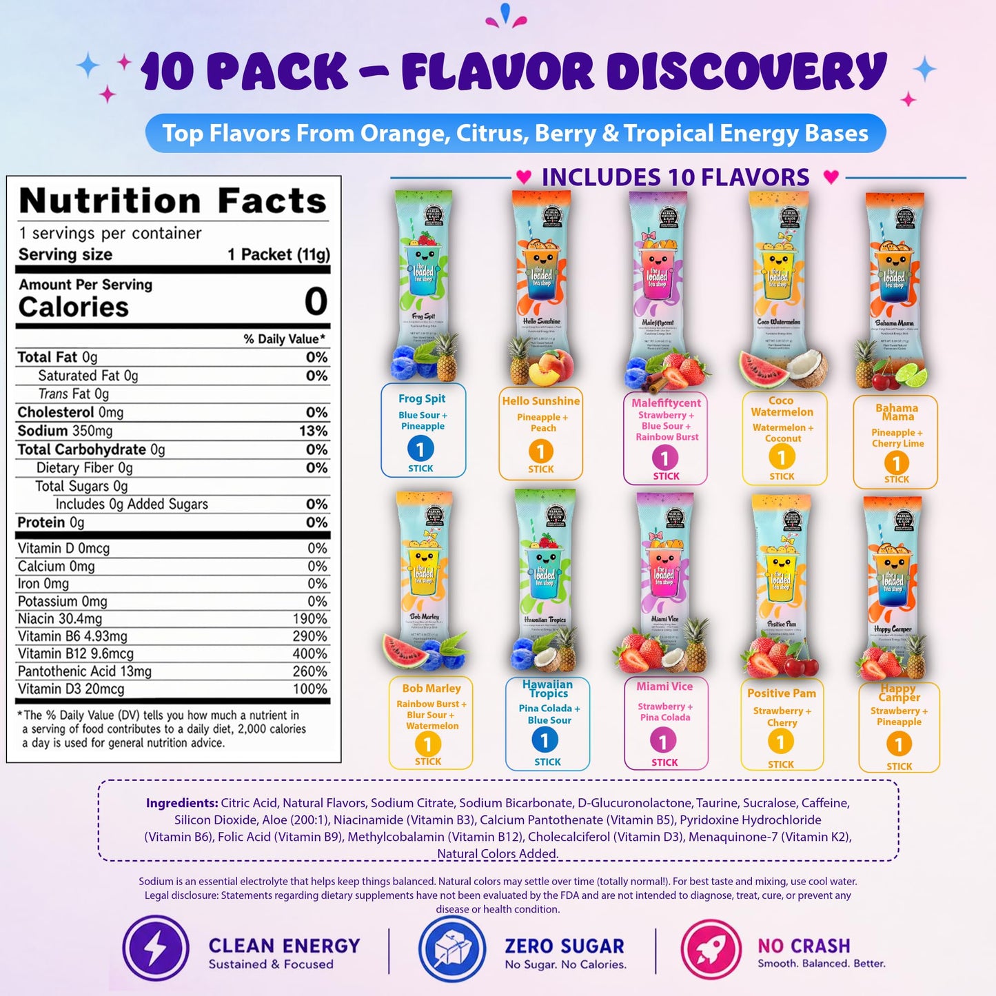 The Loaded Tea Shop Energy Drink Mix Sticks, Flavor Discovery 10 Pack, Sugar-Free, Zero Calories, 200mg Natural Caffeine, No Artificial
