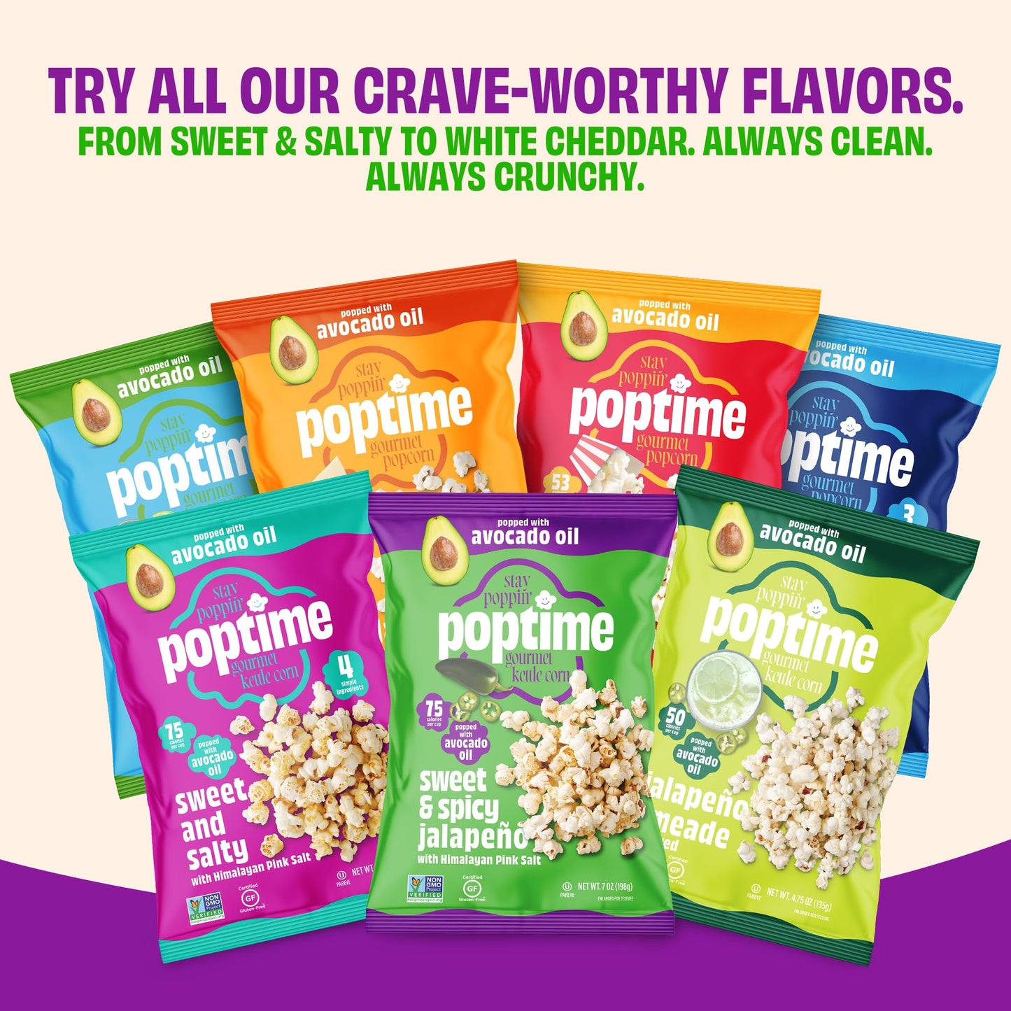 Poptime Sweet & Spicy Jalapeño Kettle Cooked Popcorn, 7 oz Snack Bags, Kettle Corn with Avocado Oil & Himalayan Pink Salt, Low Calorie Healthy Snack
