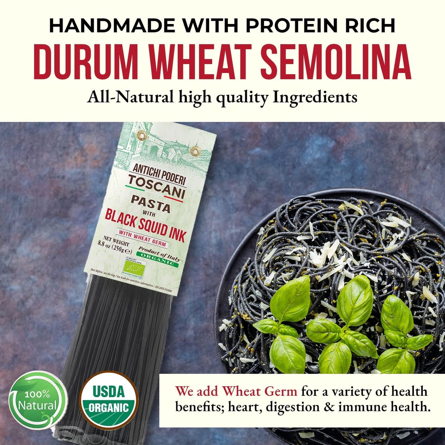 ANTICHI PODERI TOSCANI Organic Black Squid Ink Pasta Linguine - Black Pasta Noodles Made with Durum Wheat Semolina, Squid Ink, and Wheat Germ