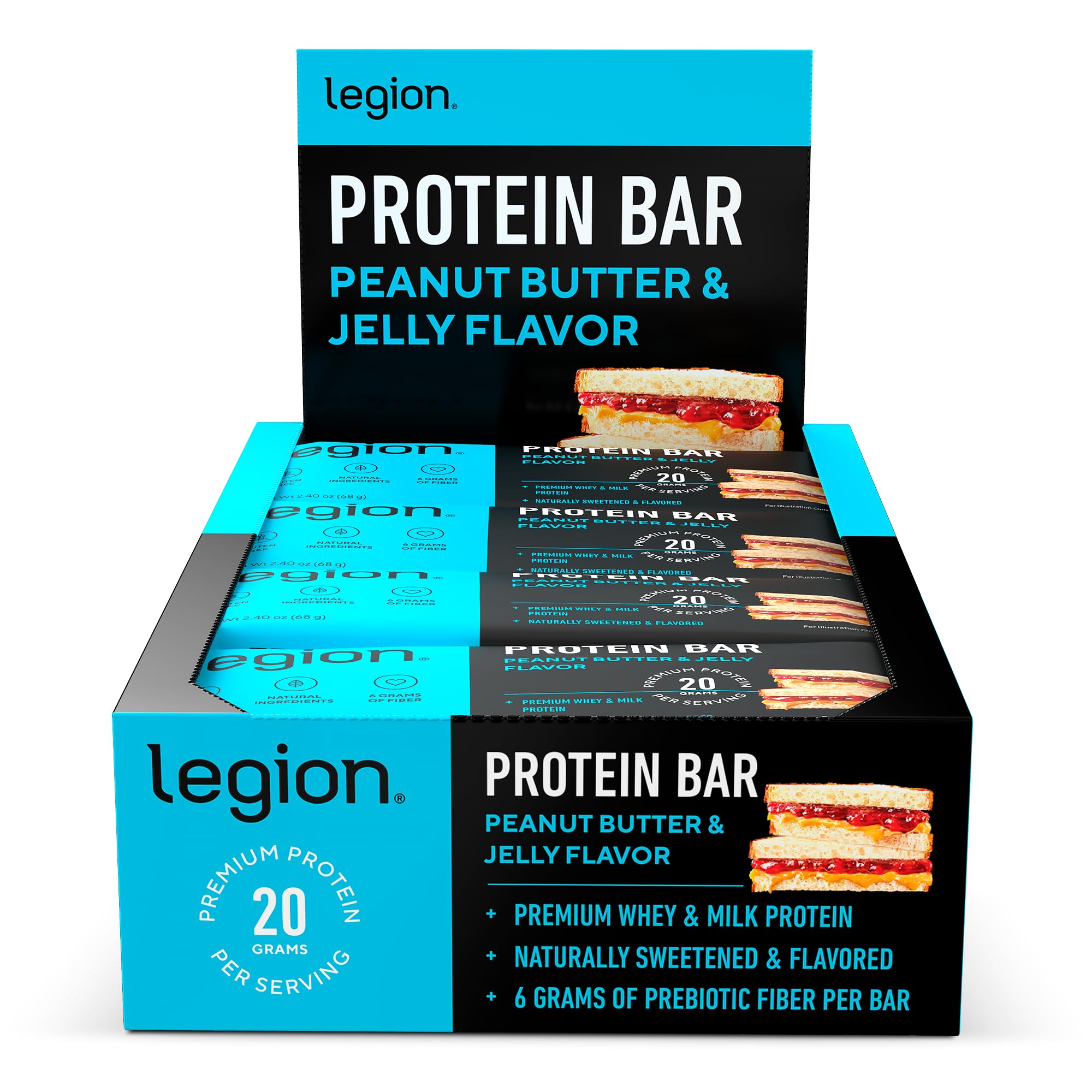 Legion Protein Bar Peanut Butter Jelly - 100% Whey Protein, Soy Free Protein Bars with Prebiotic Fiber - Low Fat Healthy Protein Bar - Gluten Free