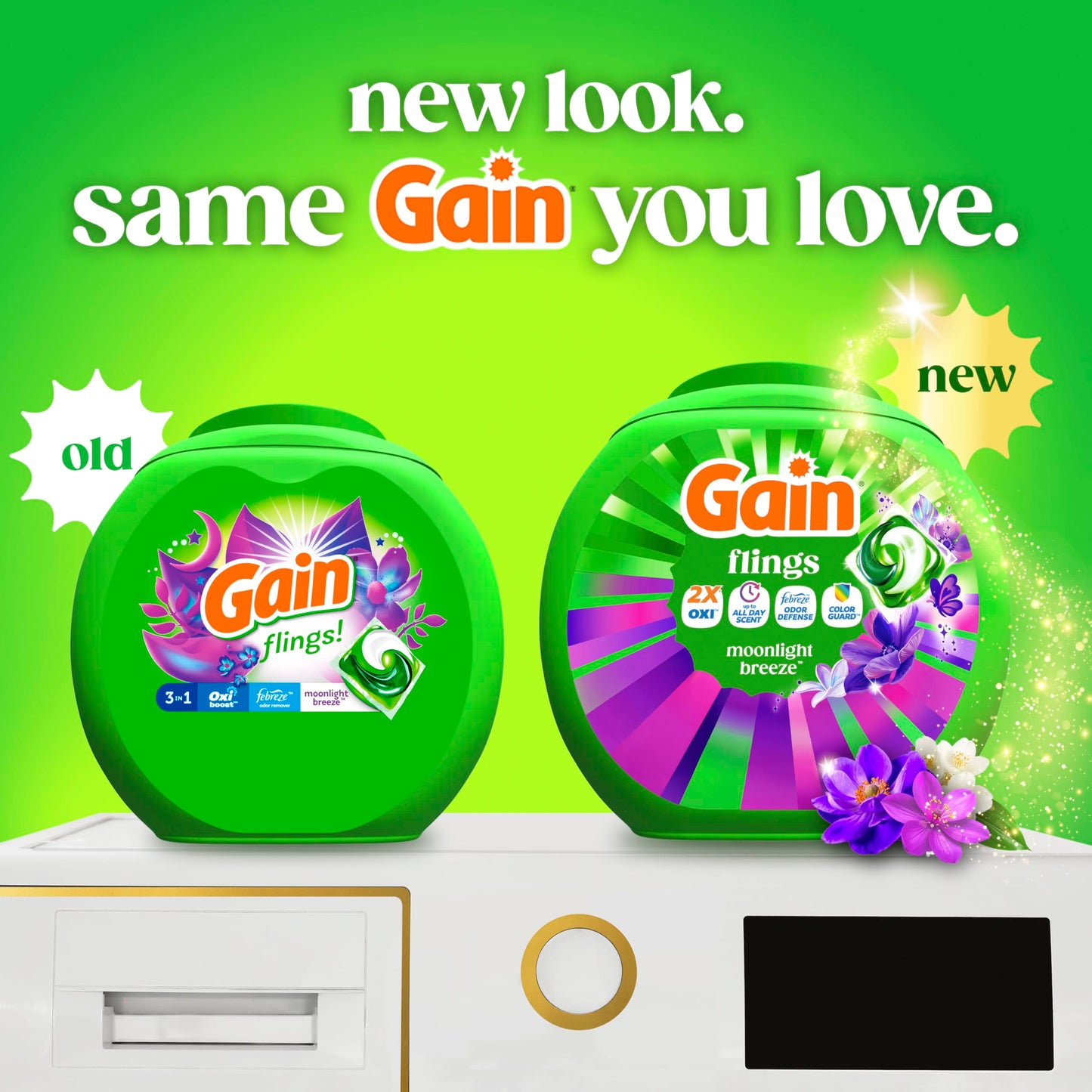 Gain Flings Laundry Detergent Pods Odor Defense + Color Guard, Moonlight Breeze Scent, 3 in 1 HE Detergent Pacs with Oxi Boost and Febreeze, 112 Count