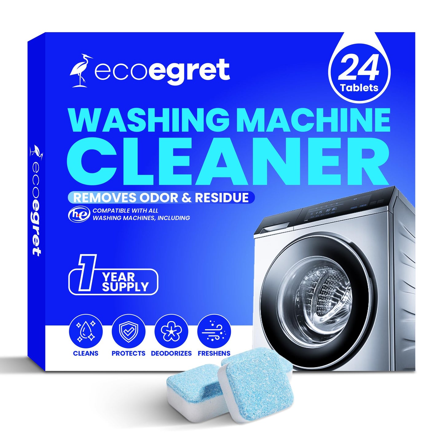EcoEgret Washing Machine Cleaner (24 Pack), Washing Machine Cleaning Tablets for Front Load & Top Load HE Washers, Washer Cleaner Easily Removes