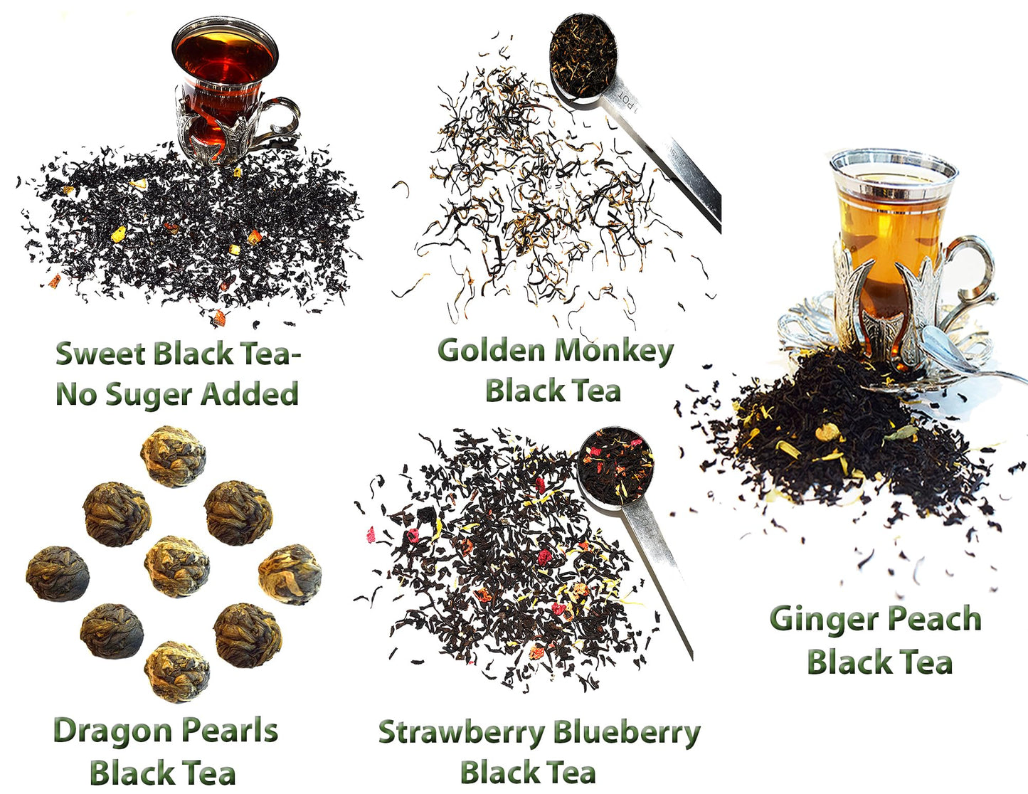 5 Black Tea Samplers, Caffeinated, Sweet Black Tea (No Sugar Added), Dragon Pearls Tea, Golden Monkey Tea, Ginger Peach Tea, Strawberry Blueberry Tea