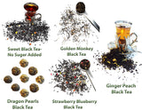 5 Black Tea Samplers, Caffeinated, Sweet Black Tea (No Sugar Added), Dragon Pearls Tea, Golden Monkey Tea, Ginger Peach Tea, Strawberry Blueberry Tea
