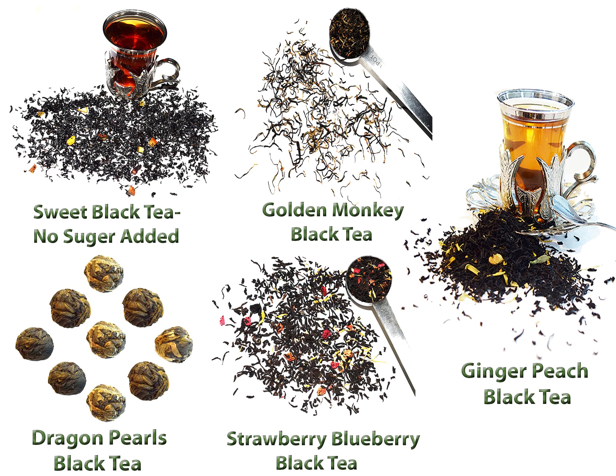 5 Black Tea Samplers, Caffeinated, Sweet Black Tea (No Sugar Added), Dragon Pearls Tea, Golden Monkey Tea, Ginger Peach Tea, Strawberry Blueberry Tea