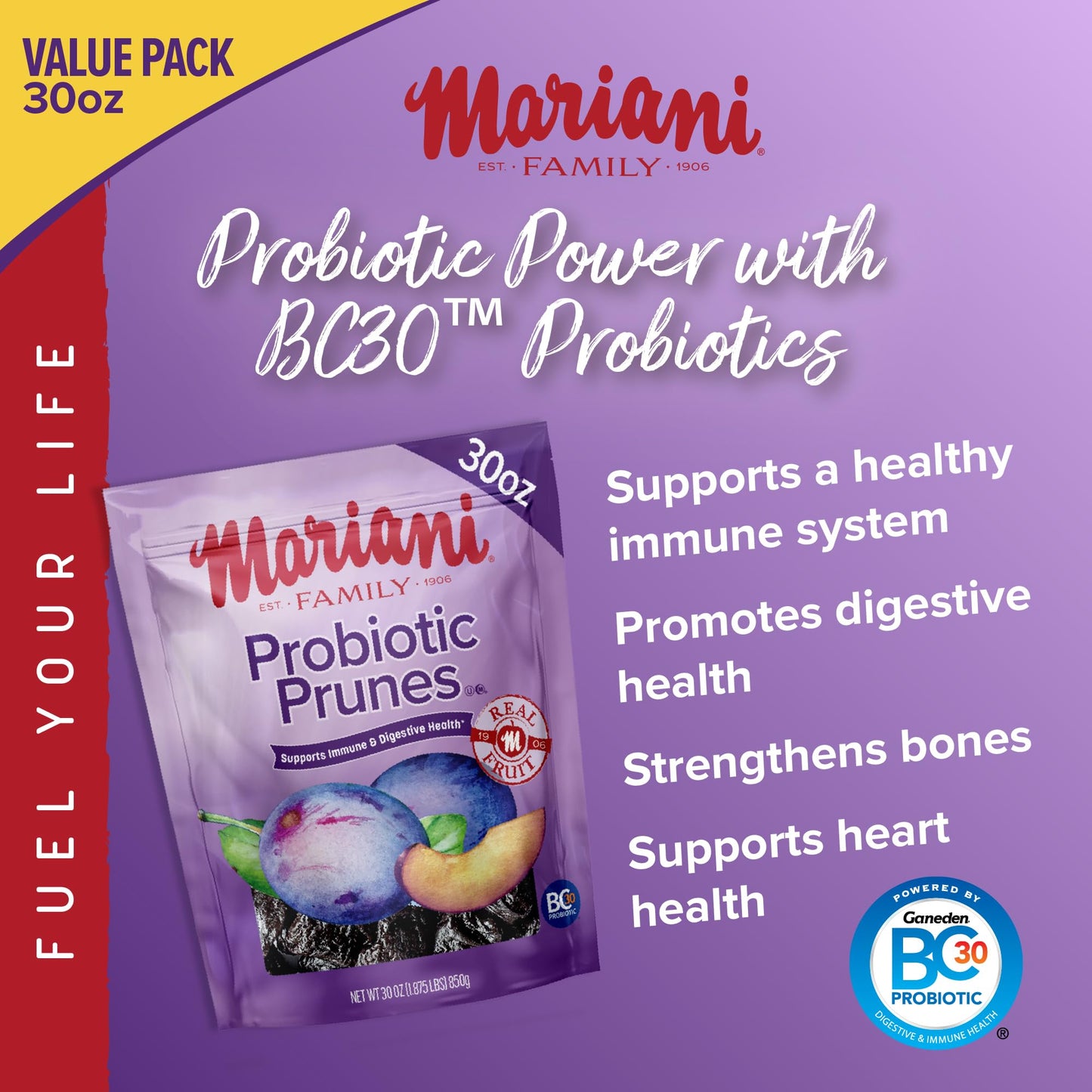 Mariani Probiotic Prunes Pitted Unsweetened, 30oz - Bulk Dried Fruits No Sugar Added - California Dried Prunes Pitted Unsweetened - Supports Healthy